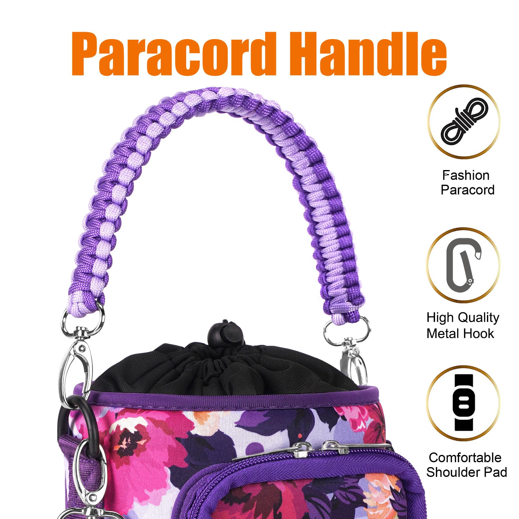 AceTreker 32/40/64/128 oz Neoprene Insulated Water Bottle Carrier Bag, Sling Bag Sleeve Pouch Holder with Strap & Paracord Handle and 2 Pocket for Travelling, Hiking, Camping