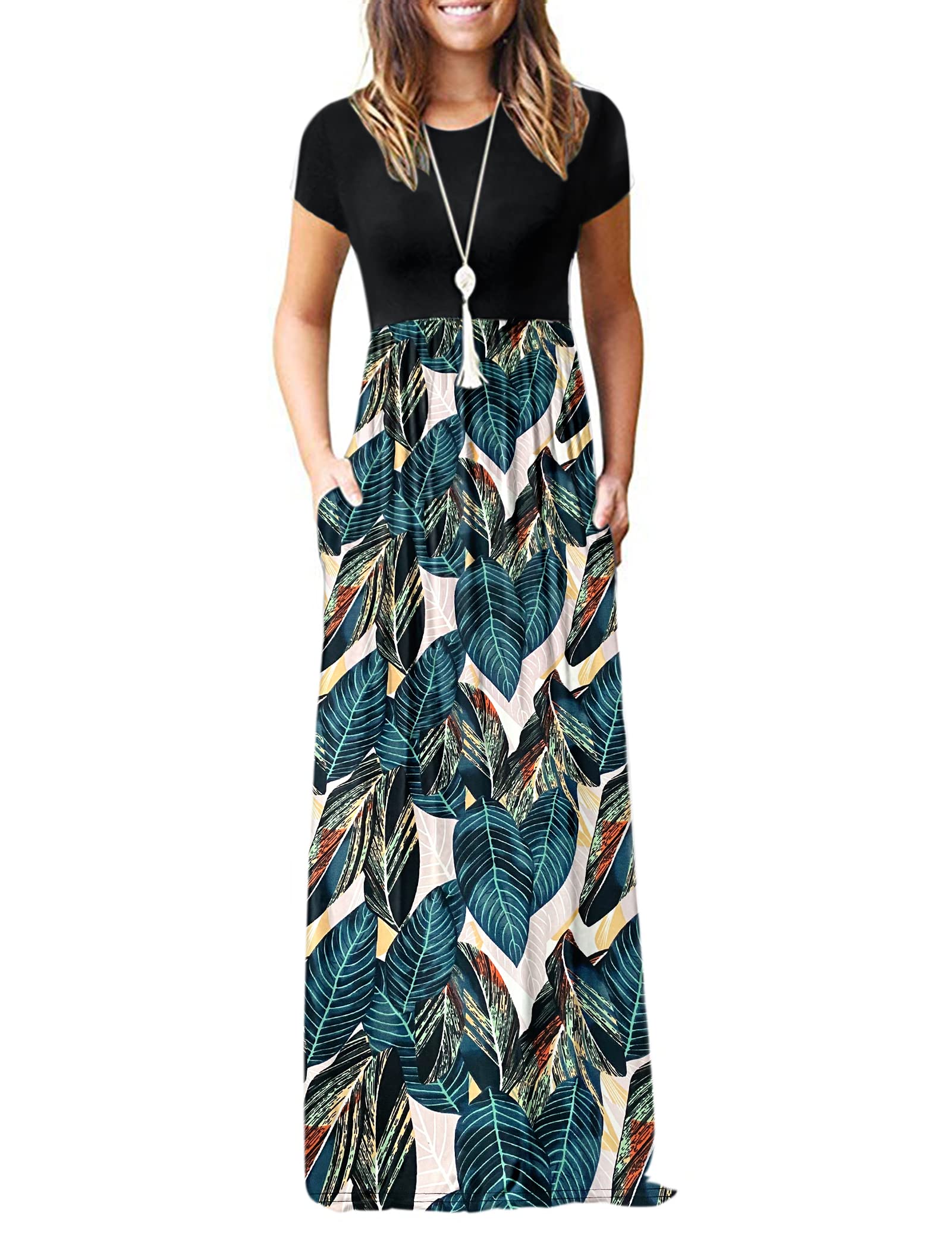 MISFAY Women Short Sleeve Loose Plain Maxi Dresses Casual Long Dresses Pockets