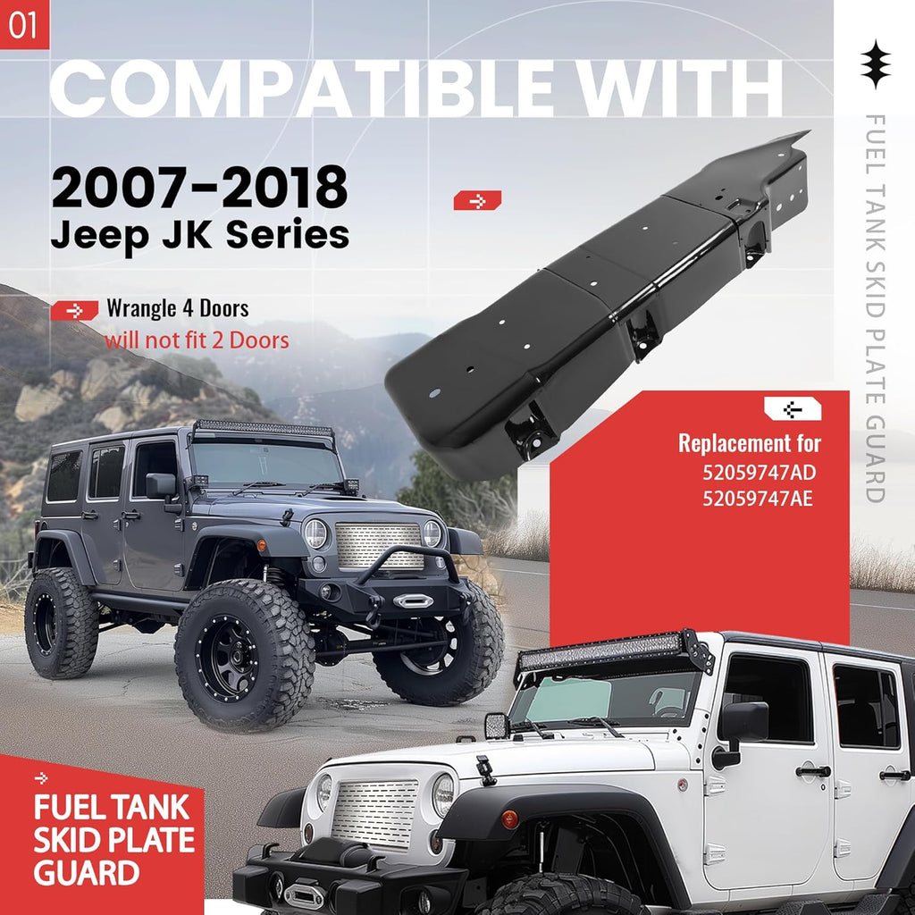 Fuel Tank Skid Plate Guard Compatible with 2007-2018 Jeep Wrangler 4 Door Powder Coated Heavy Duty Steel 52059747AD 52059747AE 52059747AF 52059747AG