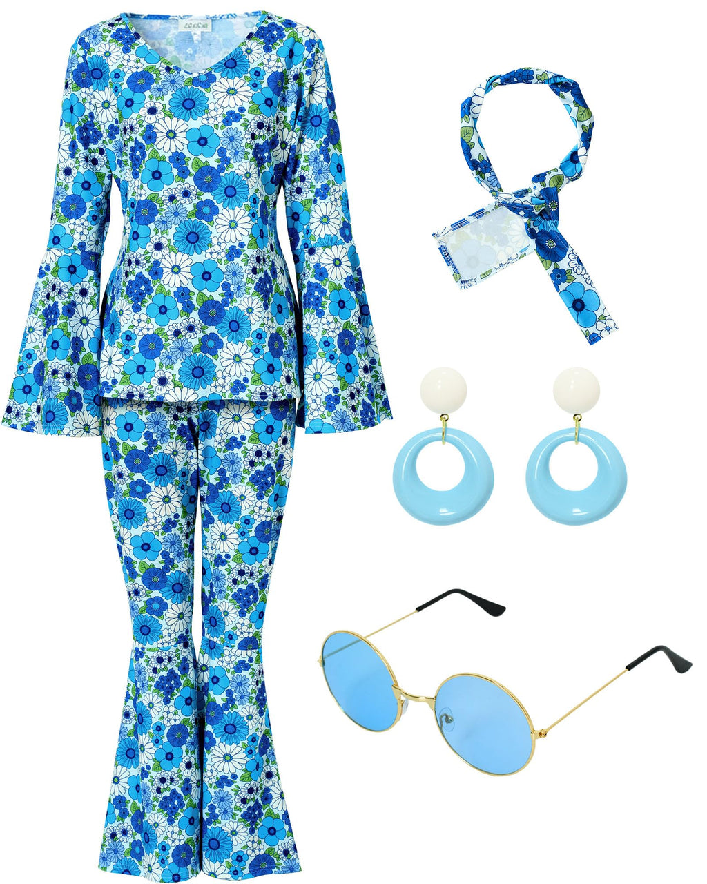 Leumoi 6 Pcs 60s 70s Disco Outfit Women Hippie Costume Accessories Flared Pants Headband Earrings Sunglass