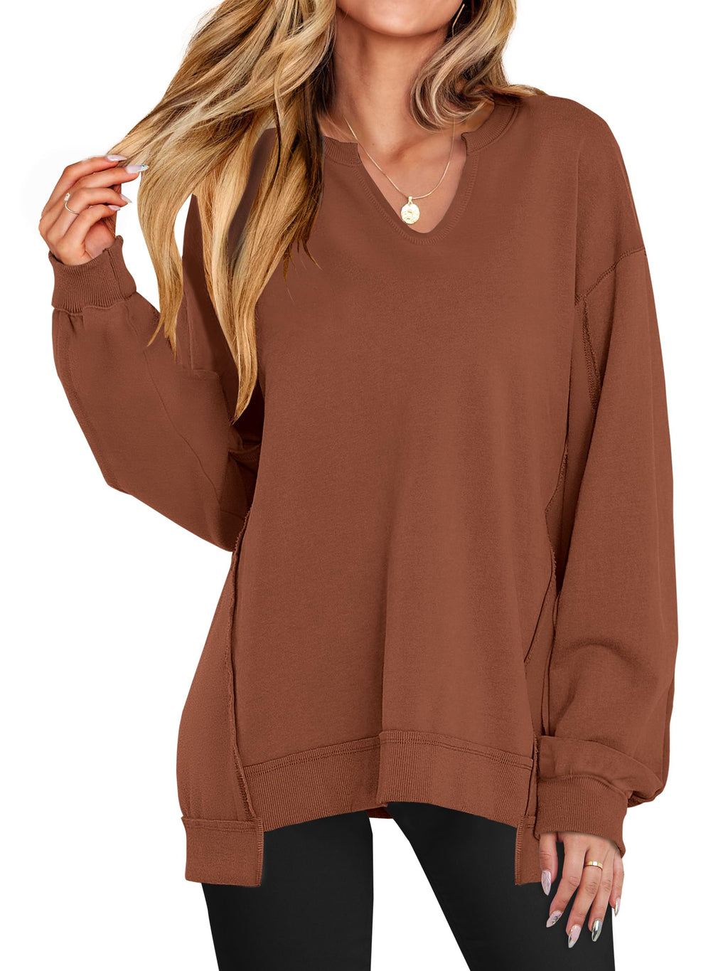 ANRABESS Women's Long Sleeve V-Neck Oversized Sweatshirts | Soft Lightweight Loose Fit Pullover Tops, Casual School Workout Office Tunic Shirts, Teen Girls Outfit, Fall Winter Clothes