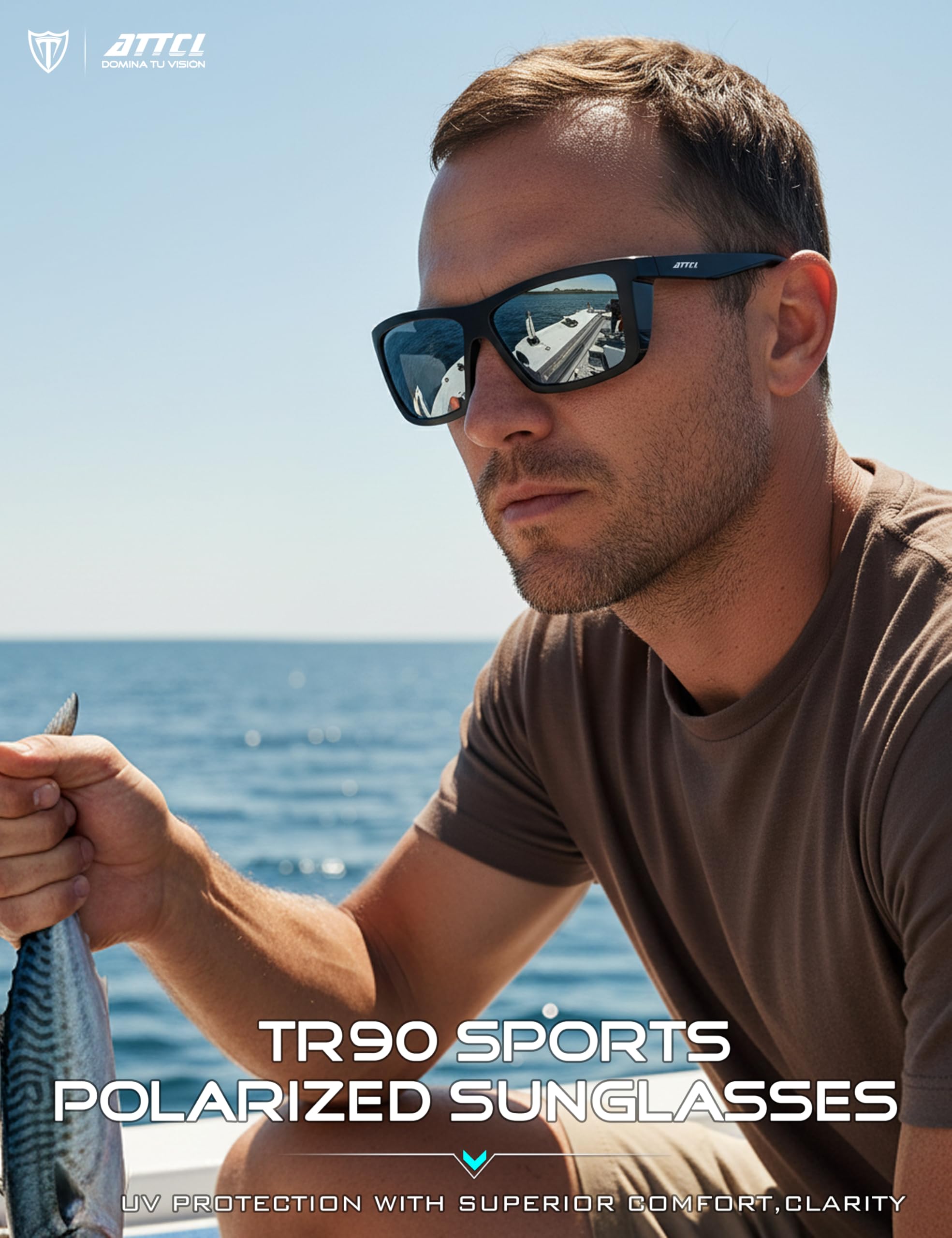 ATTCL Sports Polarized Sunglasses for Men: Secure Anti-Slip Lightweight TR90 Square Frame UV Protection for Driving Fishing