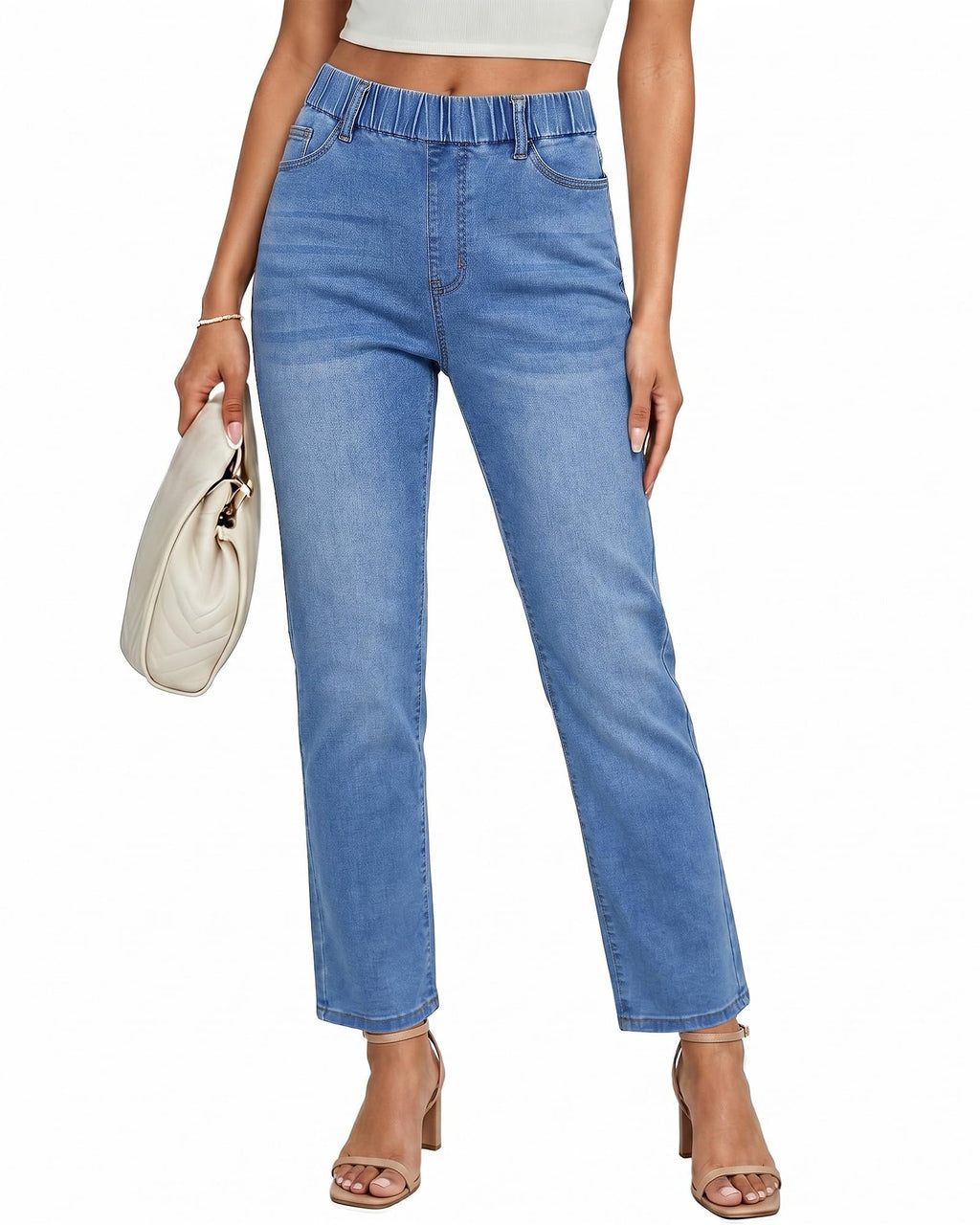 GRAPENT Straight Leg Jeans for Women Trendy Pull On High Waisted Cropped Elastic Waist Stretchy Denim Pants Ankle Jeans