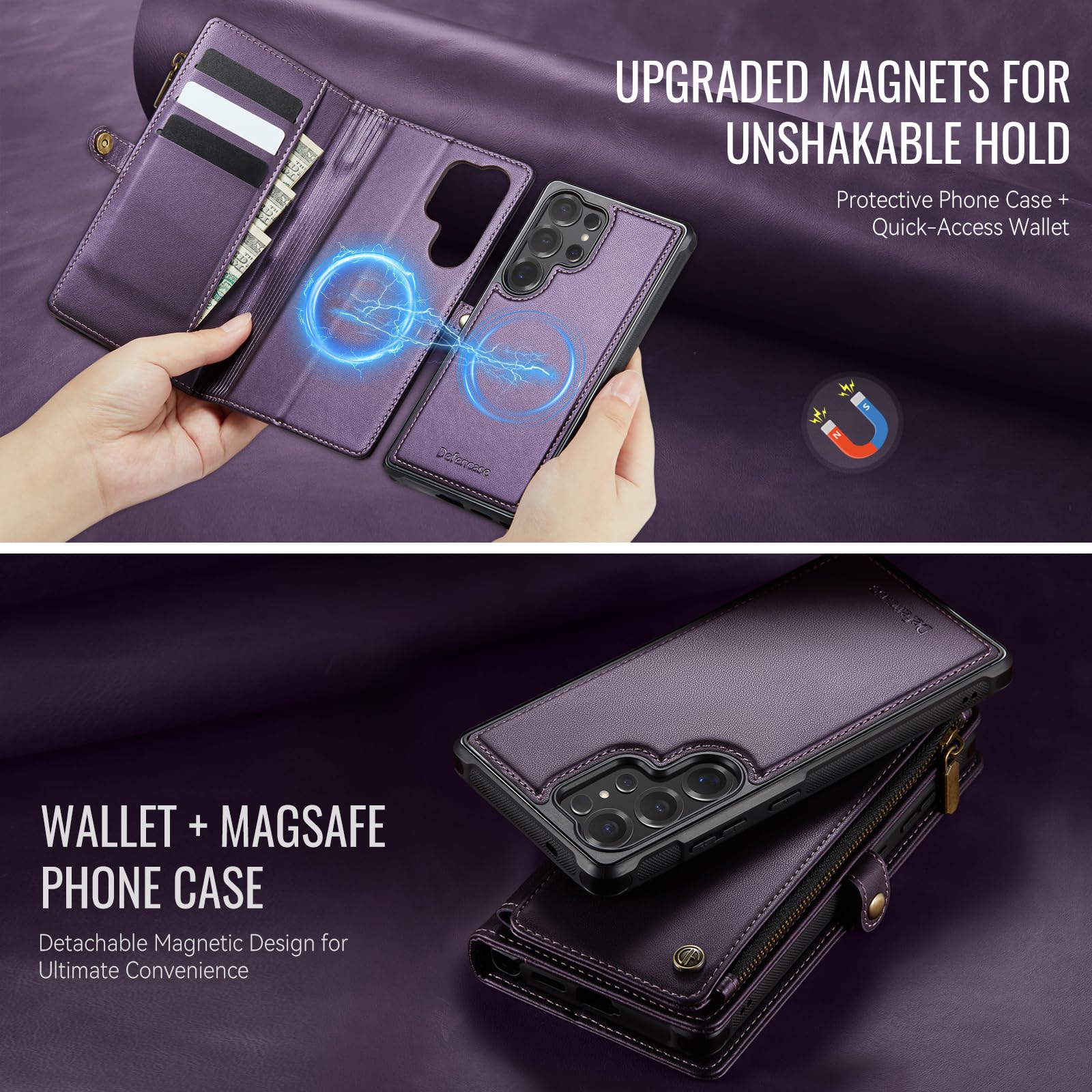 Defencase for Samsung Galaxy S25 Ultra Magnetic Wallet Case Compatible with Magsafe with RFID Blocking Zipper & Card Holder Women, PU Leather Detachable Phone Case for Galaxy S25 Ultra 6.9", Black