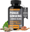 NooMost Authentic Korean Red Panax Ginseng + Ginkgo Biloba, 120 Vegan Capsules, Ginseng Root Extract Powder 1000mg (10% Ginsenosides) + Gingko Biloba 60mg, Energy and Focus Pills for Men and Women