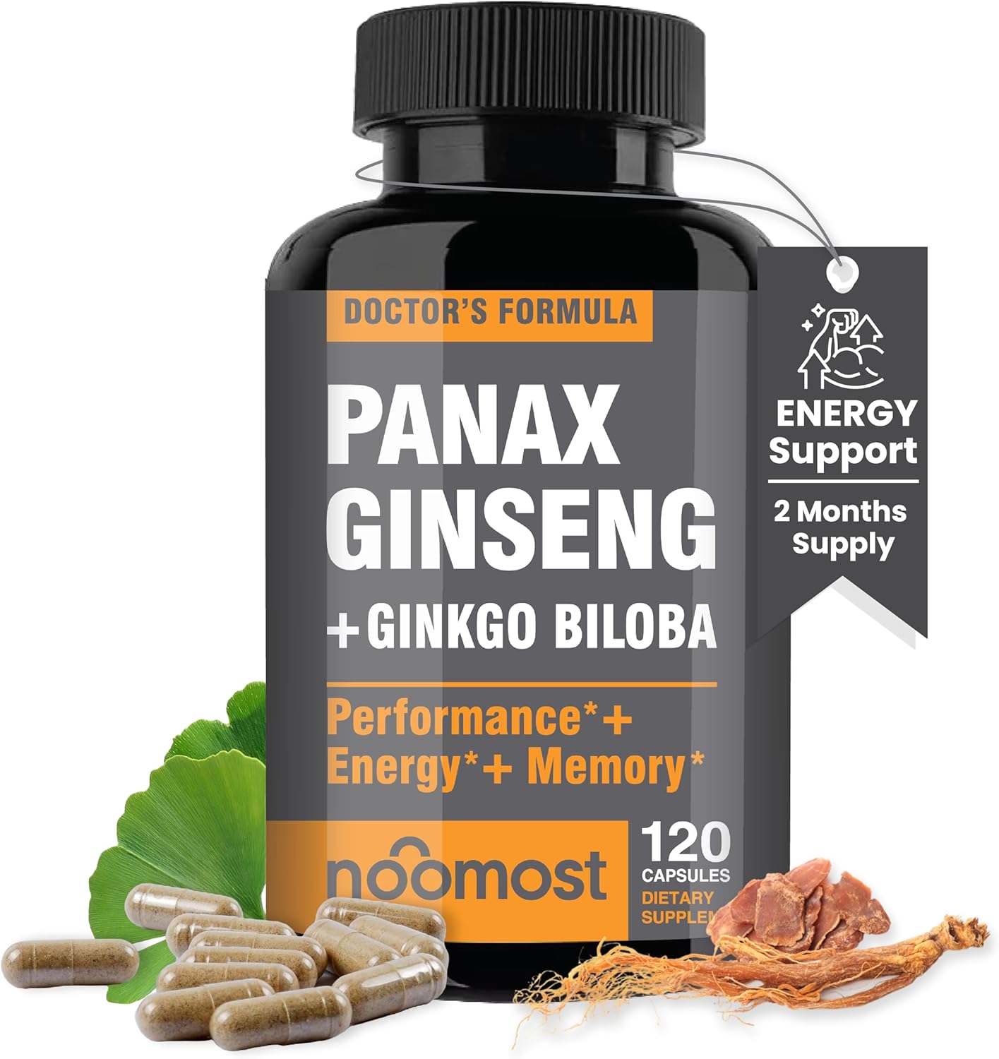 NooMost Authentic Korean Red Panax Ginseng + Ginkgo Biloba, 120 Vegan Capsules, Ginseng Root Extract Powder 1000mg (10% Ginsenosides) + Gingko Biloba 60mg, Energy and Focus Pills for Men and Women