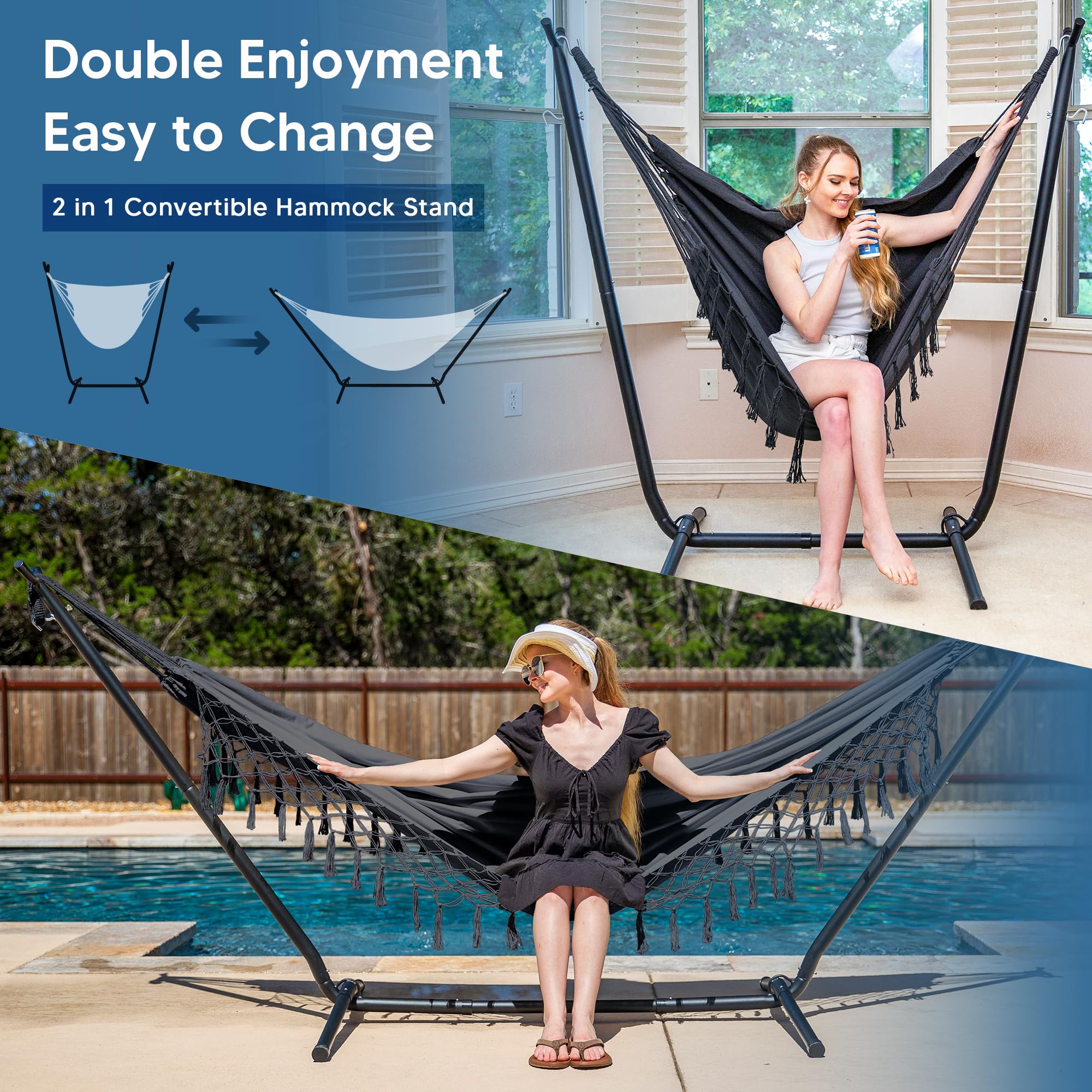 SUNCREAT 2-in-1 Convertible Free Standing Hammock with Stand Included, Camping Backyard Hammock with Stand, Patented, Blue & White Stripe