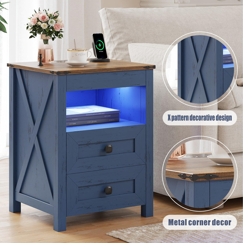 TAGELIER Farmhous Nightstand with Gun Drawer,Bedside Table with Charging Station, Gun Night Stand with LED Light & Human Sensor,Smart End Table for Bedroom, Black