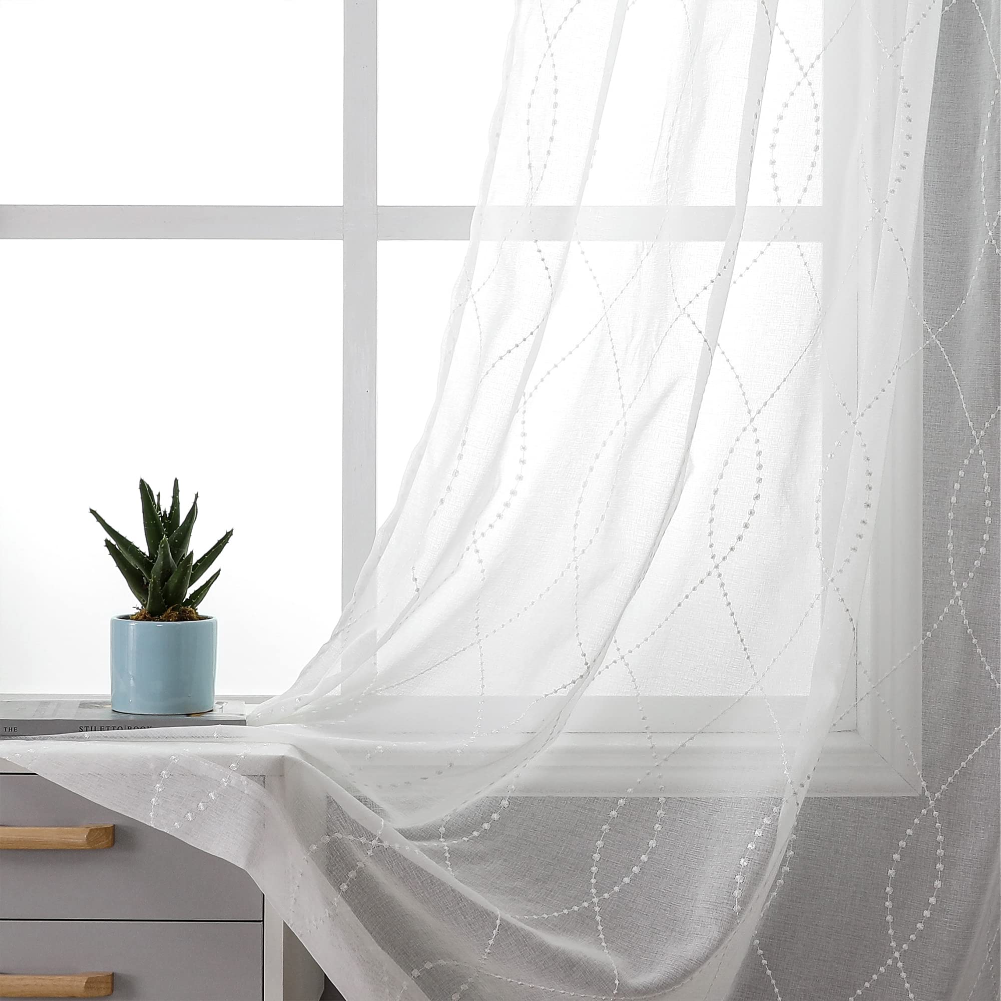 VISIONTEX Sheer Curtains 63 Inches Long 2 Panels Set, Beige and Ivory Moroccan Embroidery Texture Geometric Rod Pocket White Voile Tulle Semi Window Treatment Pair for Bedroom, W54 x L63