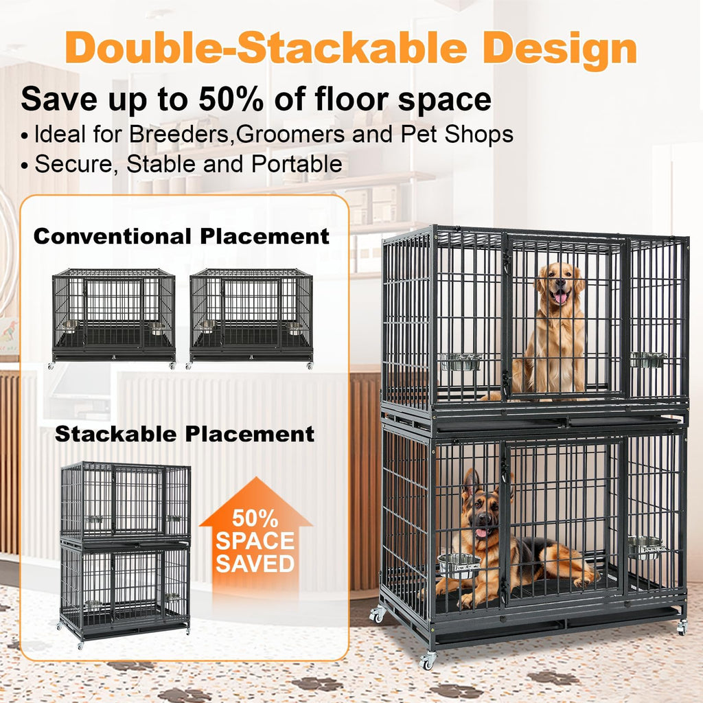Homey Pet 37 inch Stackable Heavy Duty Dog Crate, Indestructible Escape Proof Dogs Cage Kennel with Lockable Wheels, Removable Tray & Metal Grid, Double Doors for High Anxiety Medium/Small Dogs