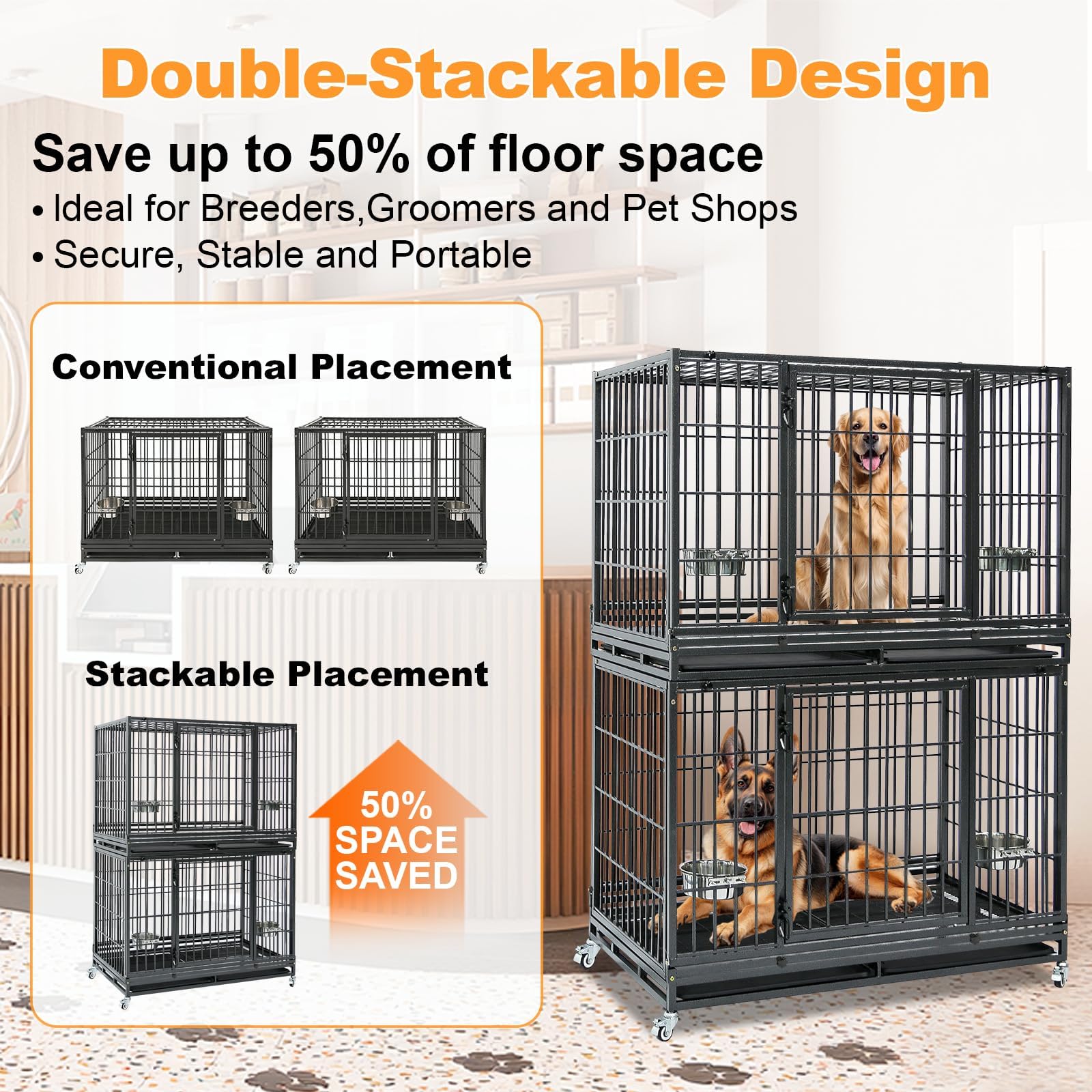 Homey Pet 37 inch Stackable Heavy Duty Dog Crate, Indestructible Escape Proof Dogs Cage Kennel with Lockable Wheels, Removable Tray & Metal Grid, Double Doors for High Anxiety Medium/Small Dogs