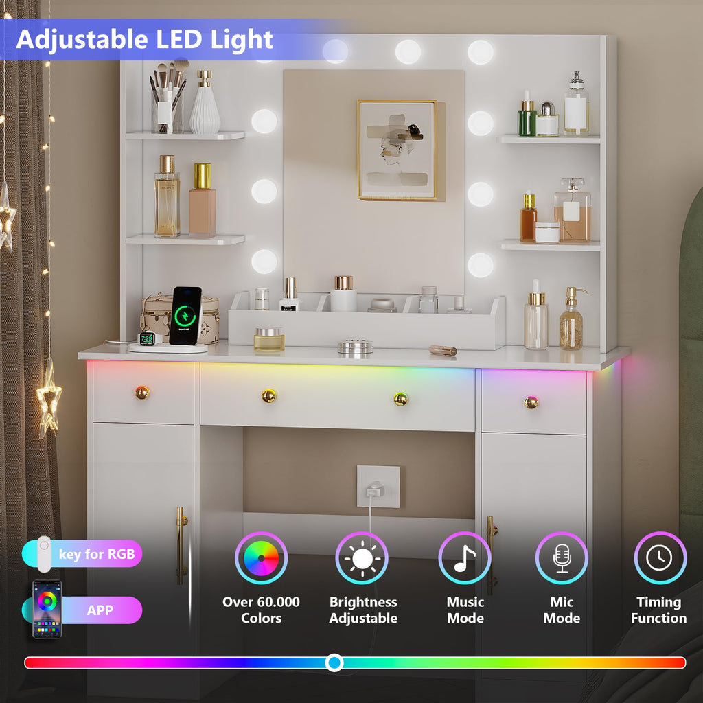 HUANLEGO Vanity Desk with Mirror and Lights, Makeup Vanity with Mirror and LED Lights & Power Outlet, 3 Drawers and Cabinets, 3 Lighting Modes Dressing Table Set for Girls Women Bedroom,Oak