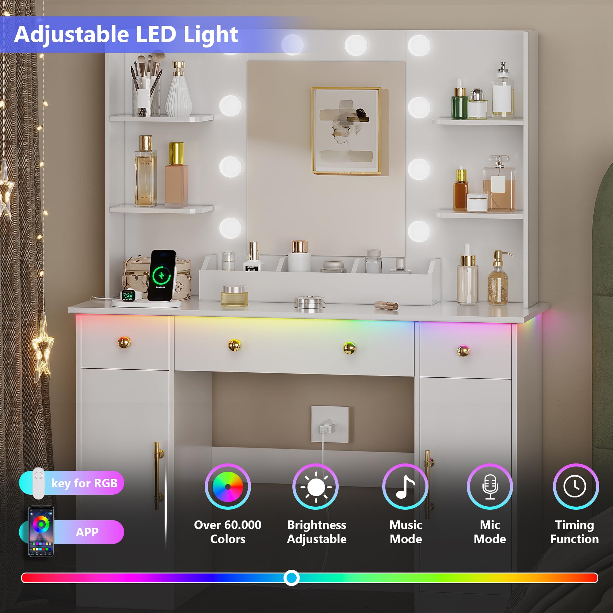 HUANLEGO Vanity Desk with Mirror and Lights, Makeup Vanity with Mirror and LED Lights & Power Outlet, 3 Drawers and Cabinets, 3 Lighting Modes Dressing Table Set for Girls Women Bedroom,Oak