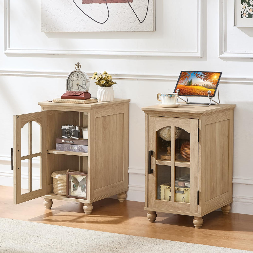 Narrow Side Table,Farmhouse Nightstand with Charging Station,Wood End Table with Glass Barn Door Storage, Cabinet Organizer with Adjustable Shelf, Night Stand for Small Spaces for Living Room Bedroom