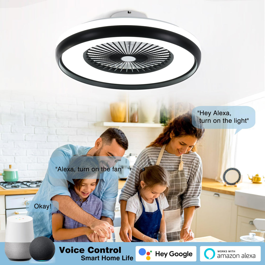 24" Bladeless Ceiling Fan with Light Remote, Smart LED Ceiling Fans with App Control, Modern Low Profile Dimmable Light Ceiling Fan for Bedroom Living Room Gold