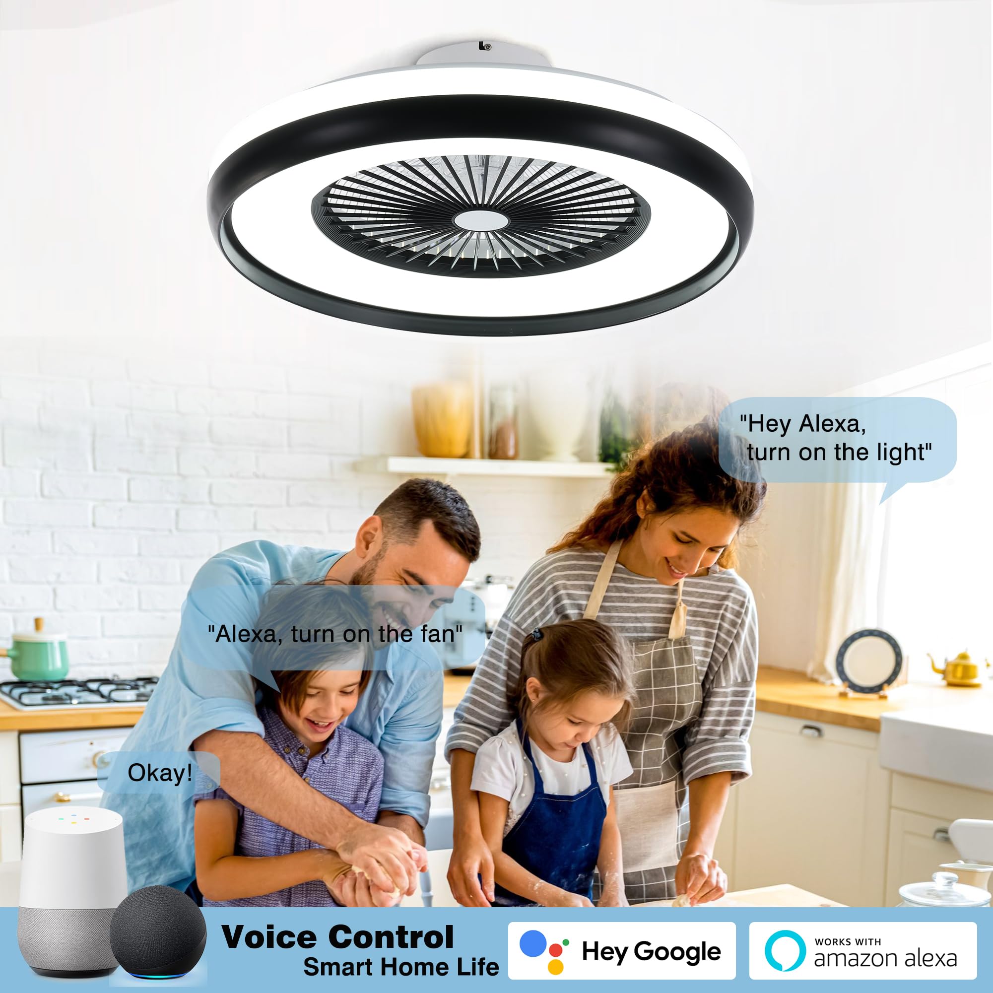 24" Bladeless Ceiling Fan with Light Remote, Smart LED Ceiling Fans with App Control, Modern Low Profile Dimmable Light Ceiling Fan for Bedroom Living Room Gold