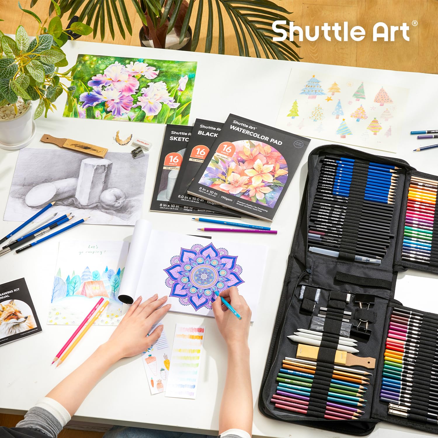Shuttle Art 103 PCS Drawing Kit, Professional Drawing Supplies with Sketch, Charcoal, Colored, Graphite, Pastel Pencils & Sticks, Complete Drawing Tools and Paper Pads in Zipper Case for Artists&Kids