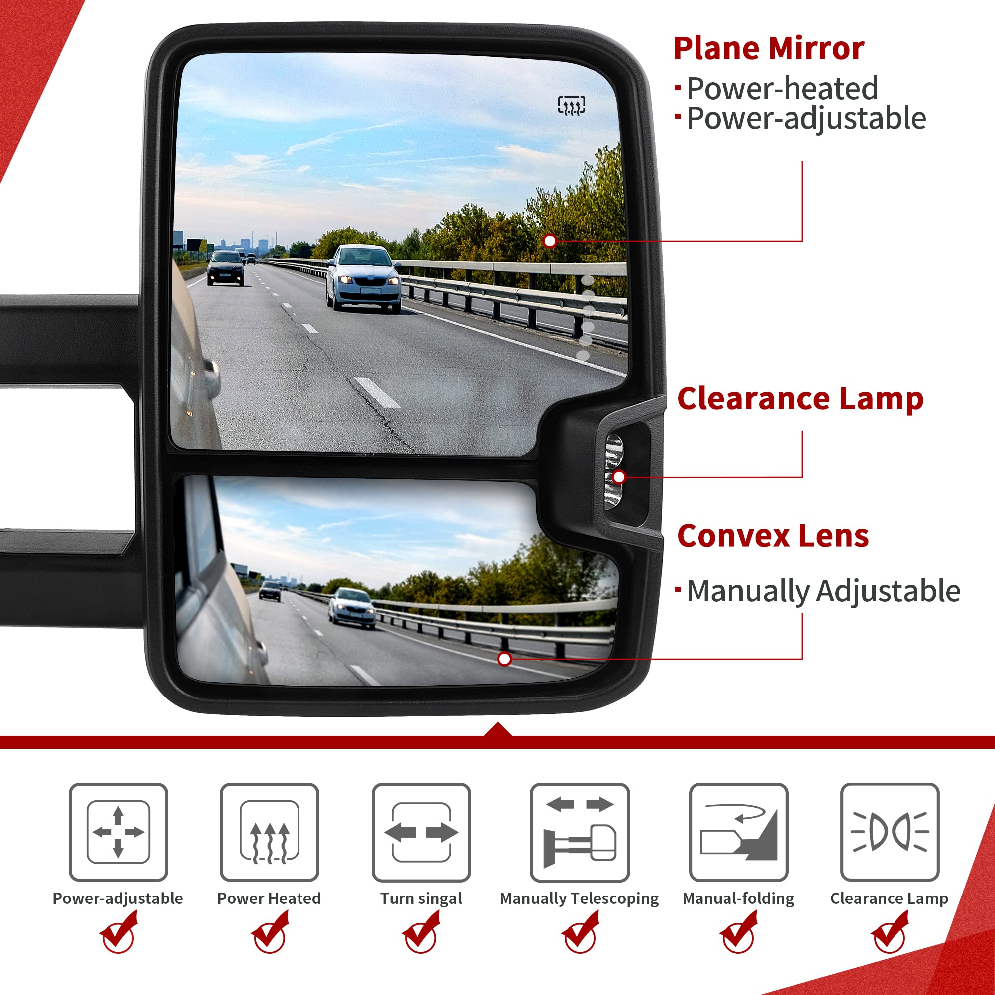 YITAMOTOR Towing Mirrors Compatible with 07-13 Silverado 1500 2500 3500 Tahoe Suburban Avalanche GMC Sierra Yukon Cadillac LED Turn Signal Light Power Heated Manual Telescoping Folding