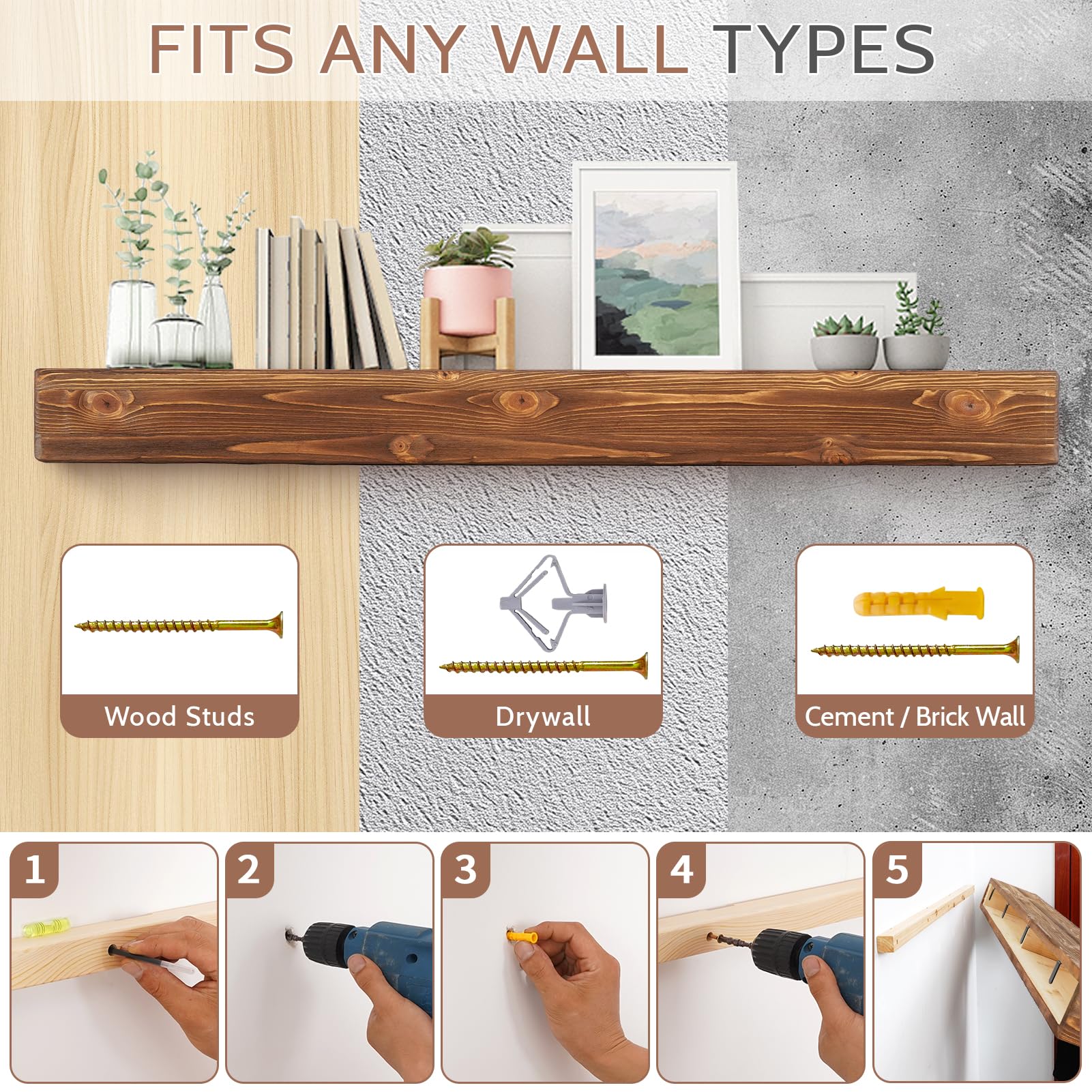 G GOOD GAIN Fireplace Mantel 54inch - Handmade Rustic Wood Mantel for Over Fireplace | Wall Mounted Floating Mantle Shelves for Living Room Decor(Chocolate, 54Lx5Hx8D)