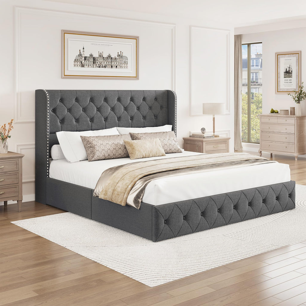 BRELTAM Full Size Bed Frame with Storage Drawers and Wingback Headboard Linen Upholstered Platform Bed Frame Tufted Beds with Heavy Duty Wood Slats, Noise Free, Easy Assembly, Beige