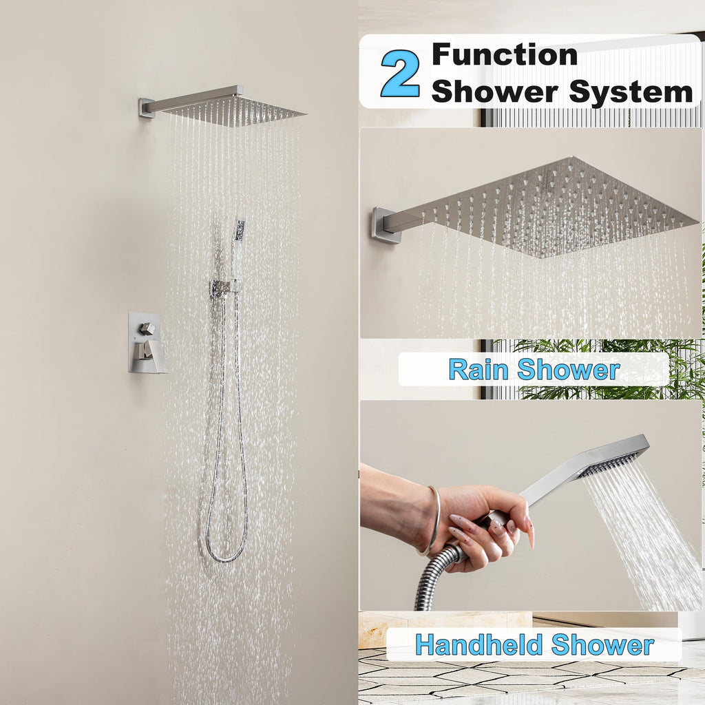 Brushed Gold Shower System with 10-Inch Rain Showerhead and Tub Spout | cUPC-certified pressure balance brass valve to prevent scalding, CEC-certified air injection technology for low pressure