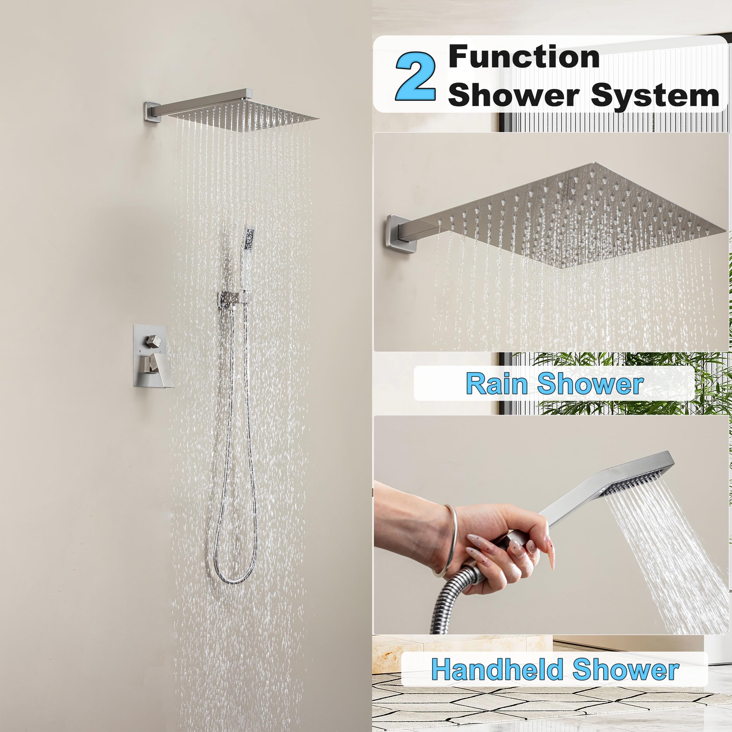 Brushed Gold Shower System with 10-Inch Rain Showerhead and Tub Spout | cUPC-certified pressure balance brass valve to prevent scalding, CEC-certified air injection technology for low pressure