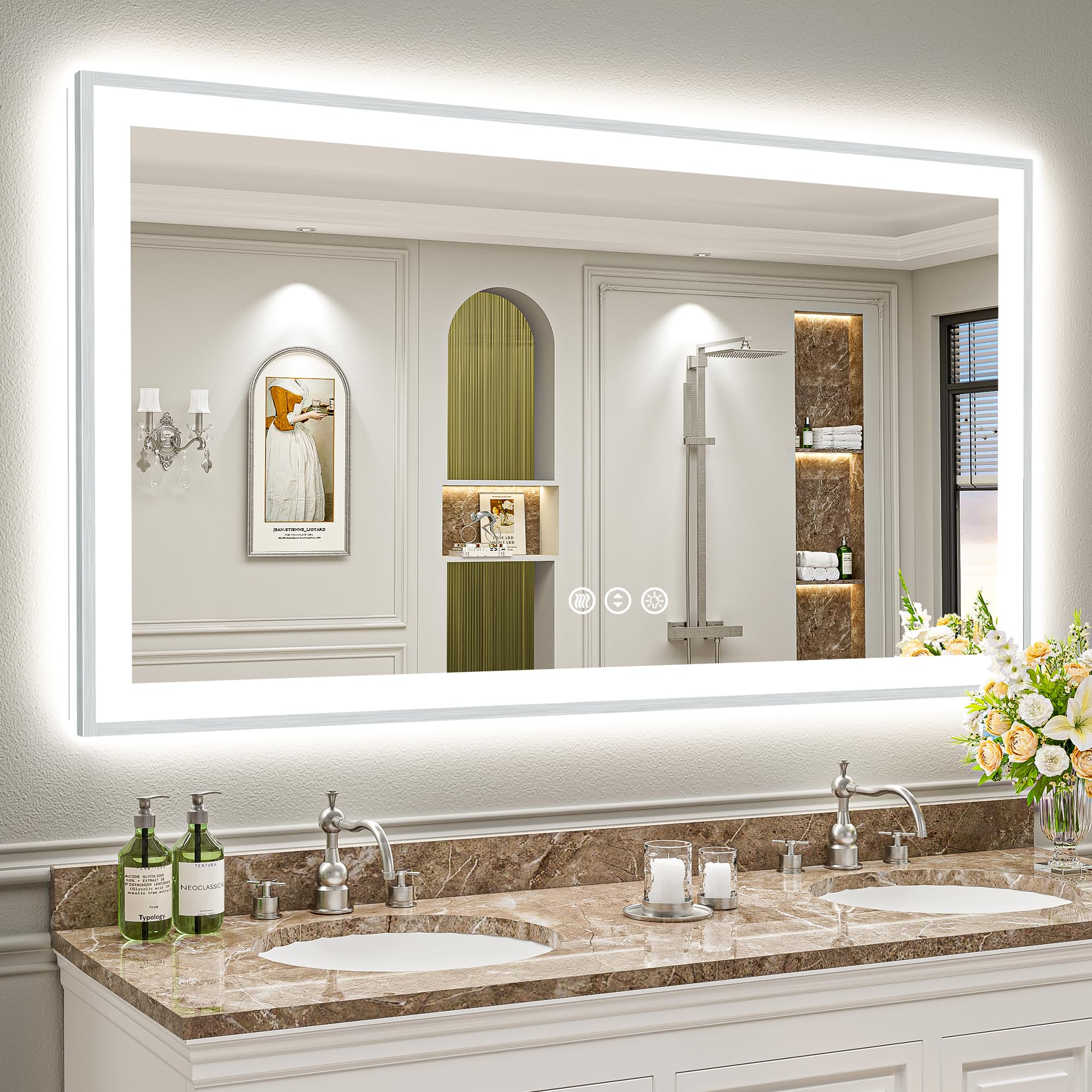 24x32 Black Framed LED Bathroom Mirror with Lights, Backlit and Front Lit Anti-Fog Lighted Vanity Mirrors for Bathroom Wall, Dimmable, 3 Colors, Memory, HD Tempered Glass, Horizontal/Vertical