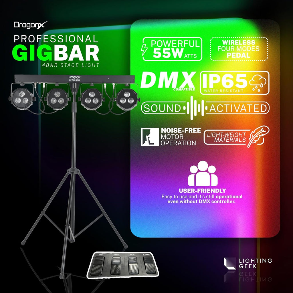 DragonX 4 Gig Bar DJ Lighting System | All-in-One LED Stage Lights with Stand, Foot Pedal & DMX Control | Portable Professional Strobe Lights for DJs, Bands, Weddings, Churches & Live Events