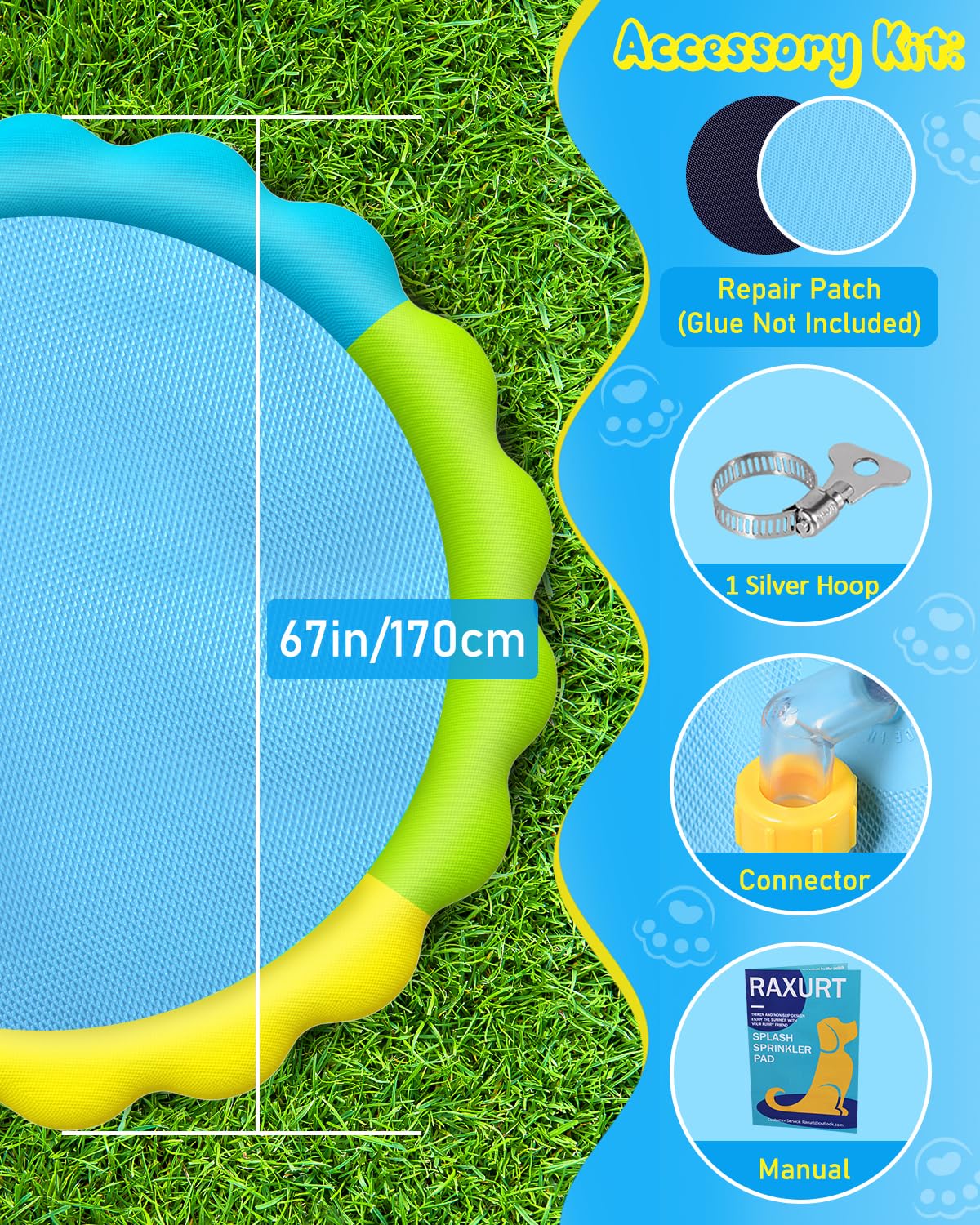 Raxurt Splash Pad, Non-Slip Thicken Splash Pad for Kids Ages 4-8 Toddler Baby Splash Sprinkler Pad Dog Pool Summer Outdoor Water Toys for Boys Girls, 59'' Blue