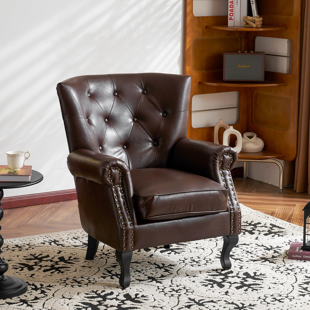 MOJAY PU Leather Accent Chair, Mid-Century Modern Armchair Living Room Club Chair with Tufted Button & Rivet Trim, Upholstered Sofa Chair with Sturdy Wood Legs for Bedroom (Black)