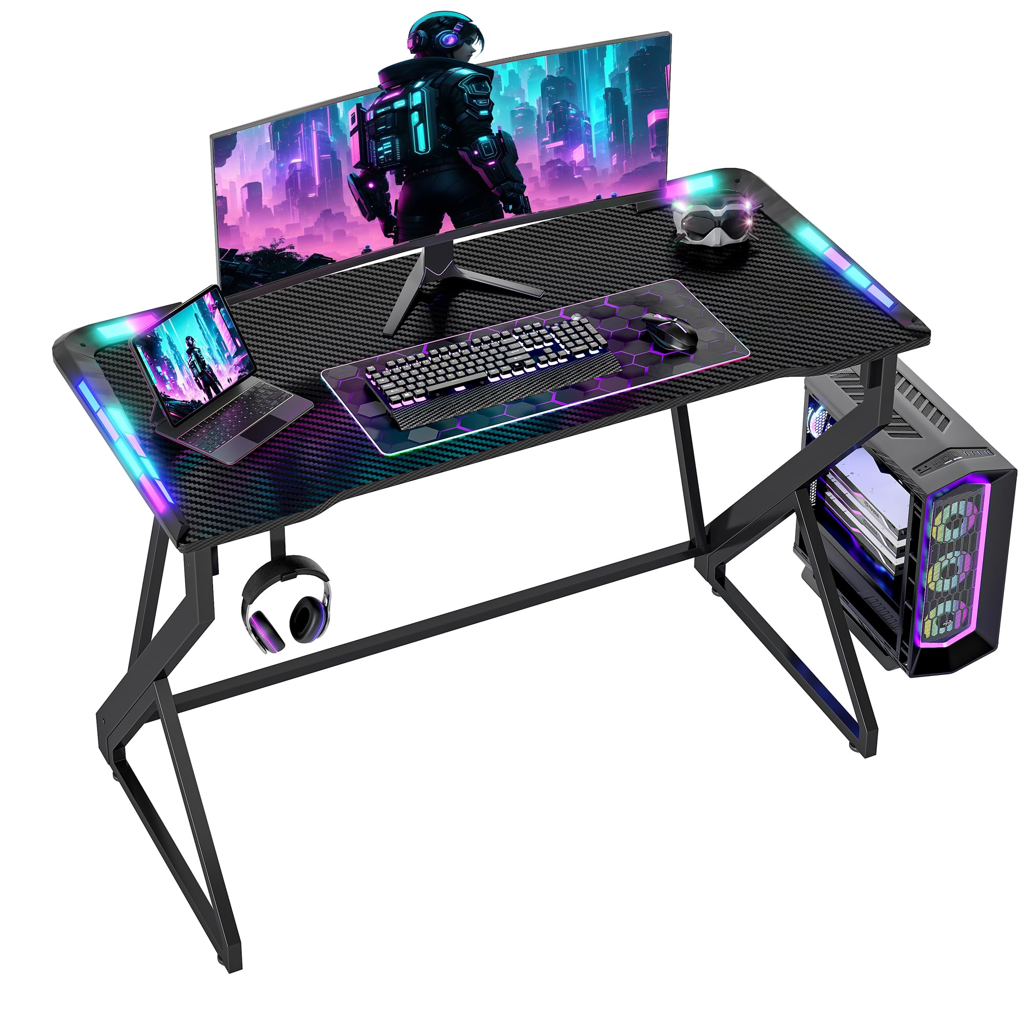 TIQLAB Gaming Desk with LED Lights, 40 Inch Computer Desk Z Shaped Gamer Workstation, Gaming Table with Carbon Fiber Surface, PC Gamer Desk, Black