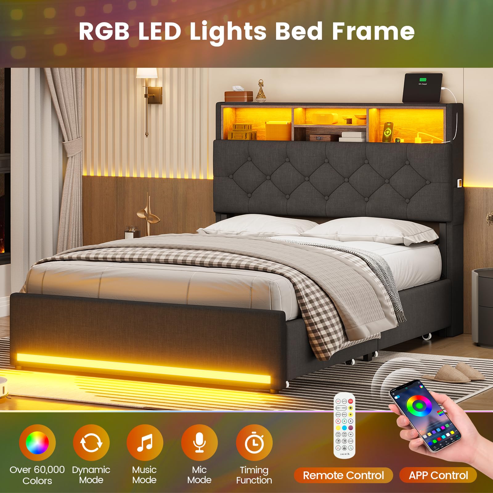 BTHFST Twin Bed Frames with Headboard & 4 Drawers, LED Bed Frame Twin with Charging Station, Upholstered and Metal Twin Bed with Storage, No Box Spring Needed, Black PU