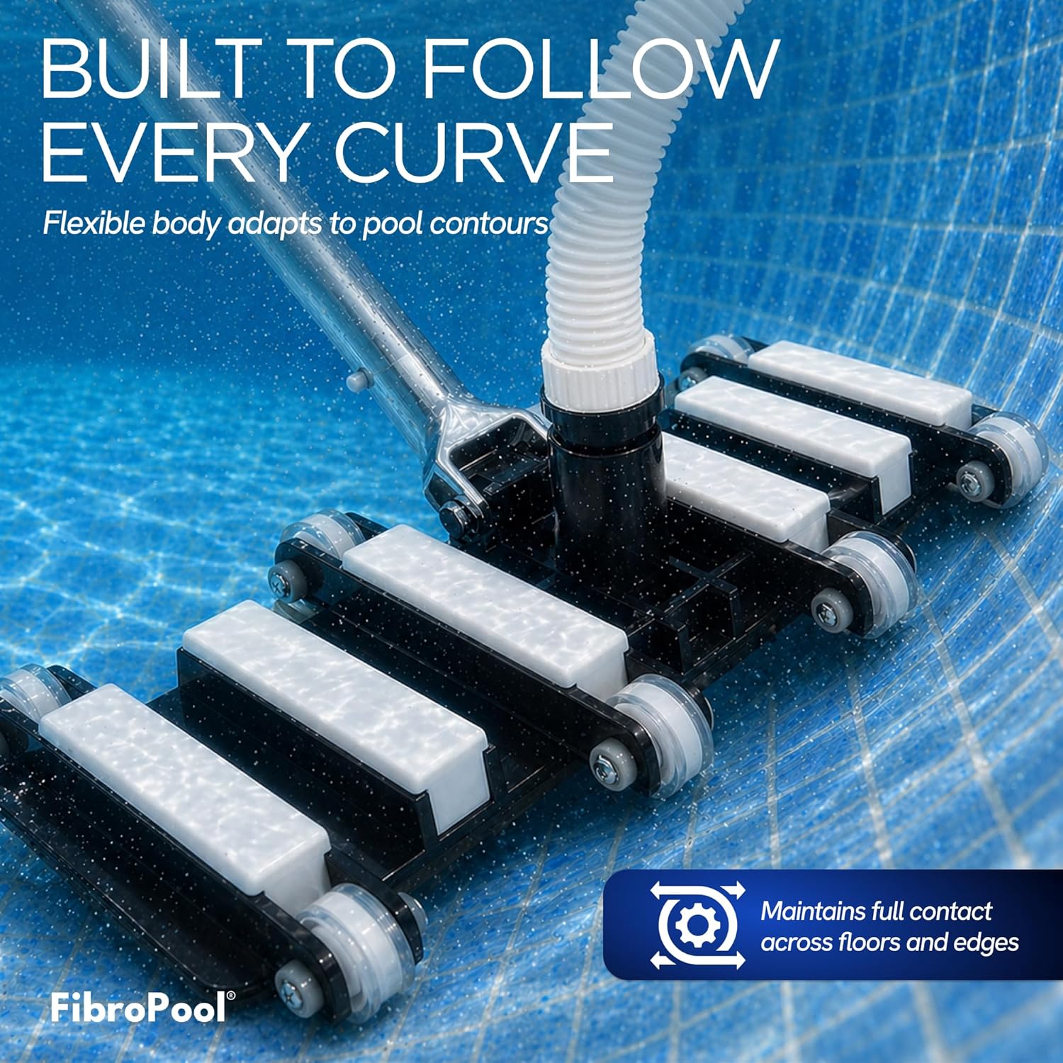 FibroPool Pool Vacuum Head - 14.4" Weighted Flexible Design - Inground & Above Ground Pools - 1.5" Universal Hose Fit - Urethane Wheels