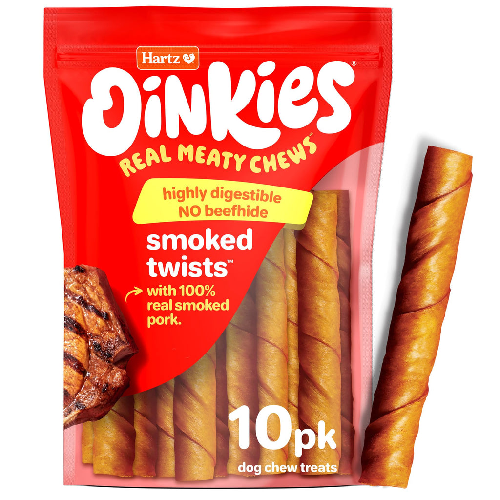HARTZ Oinkies Natural Smoked Pig Skin Twist Dog Treat Chews - 10 Pack