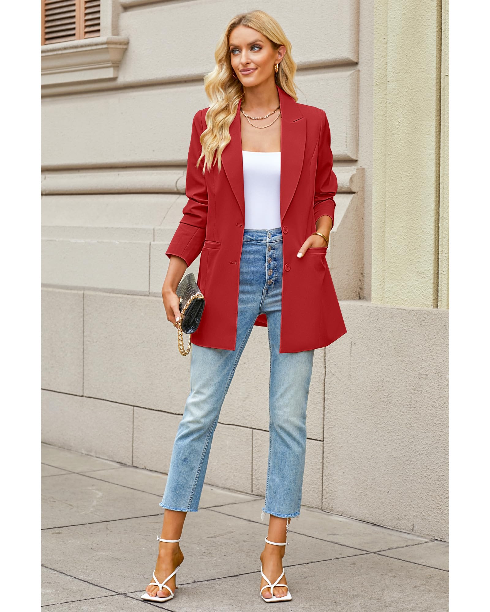 luvamia Blazers for Women Business Casual Long Blazer Jackets Dressy Work Professional Office Outfits Lapel Pockets