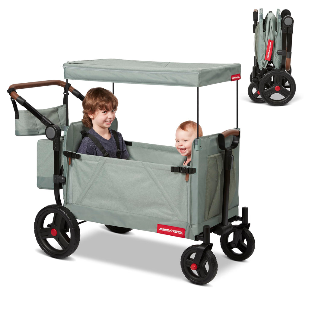 Radio Flyer Atlas Stroll 'N Wagon, Navy Blue, For Ages 1+, 3-in-1 Push or Pull Versatility, One-Hand Fold, UV Canopy, 5-Point Harnesses, Storage Capabilities, Rubber Wheels, Stroller Wagon for Kids