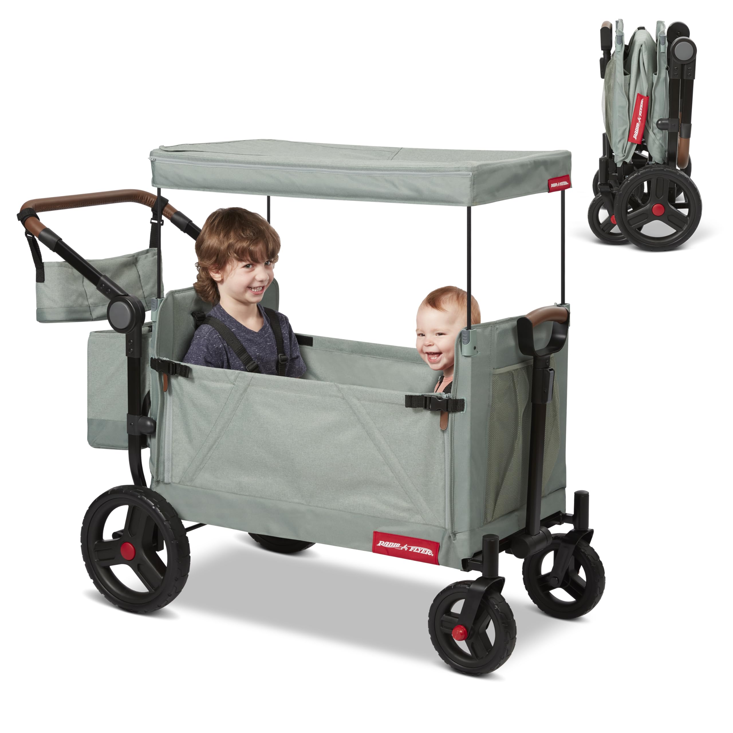 Radio Flyer Atlas Stroll 'N Wagon, Navy Blue, For Ages 1+, 3-in-1 Push or Pull Versatility, One-Hand Fold, UV Canopy, 5-Point Harnesses, Storage Capabilities, Rubber Wheels, Stroller Wagon for Kids