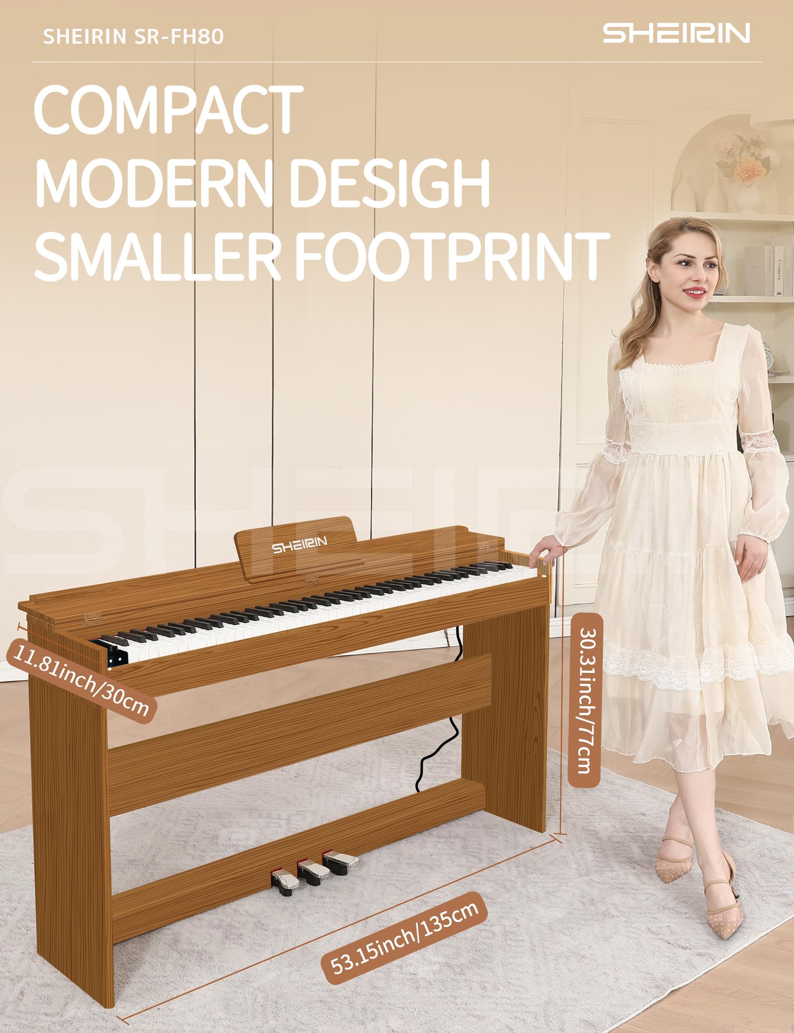 Digital Piano Hammer Action Keyboard 88 Keys Upright Acoustic Electric Weighted Piano Beginner MIDI Cover Full Size Sustain Pedal Stand Real Professional SR-FH80 (Beige Full Cover)