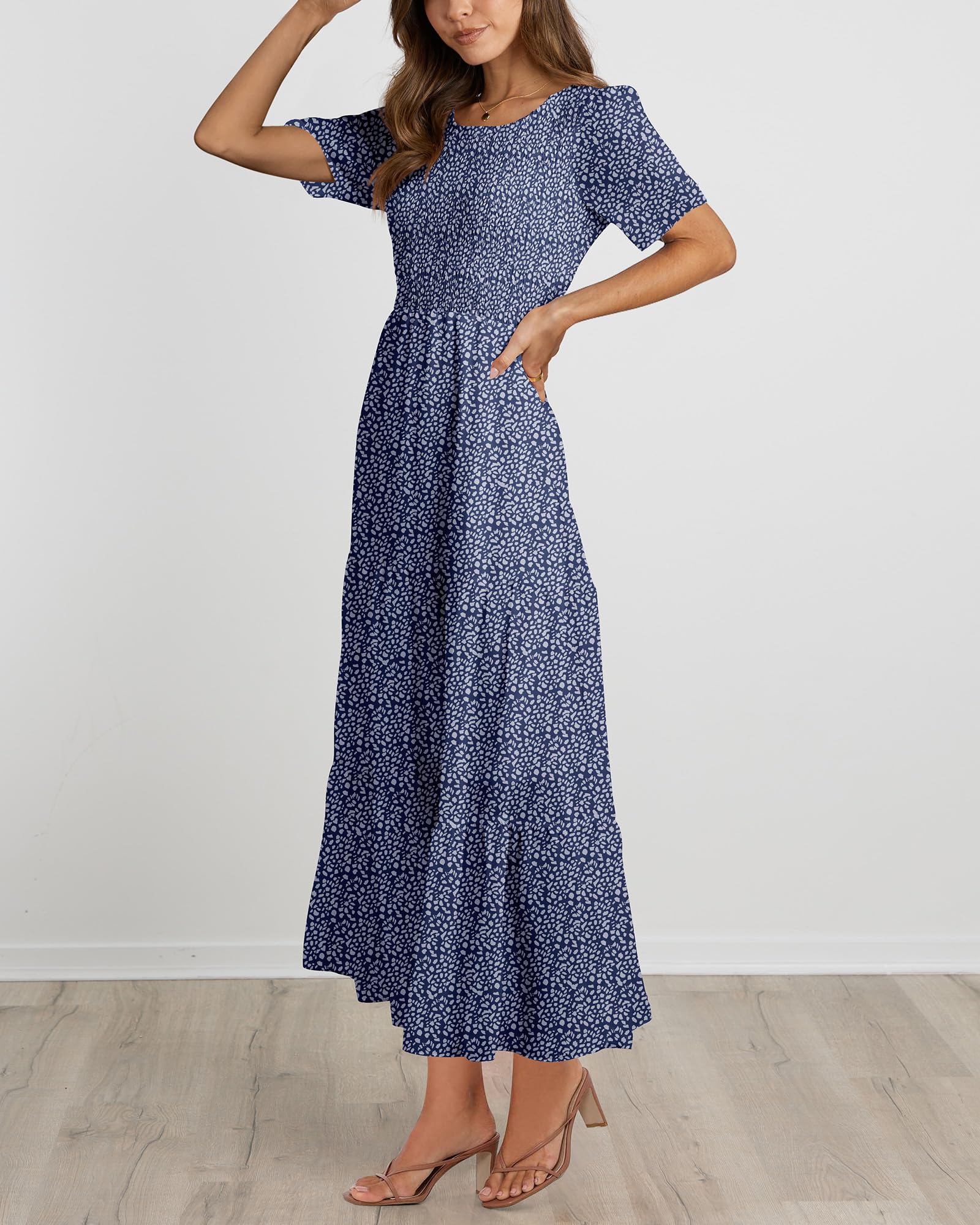 BTFBM Women Casual Short Sleeve Crew Neck Summer Dress Bohemian Floral Printed Flowy Maxi Dresses Tiered Cocktail Dress