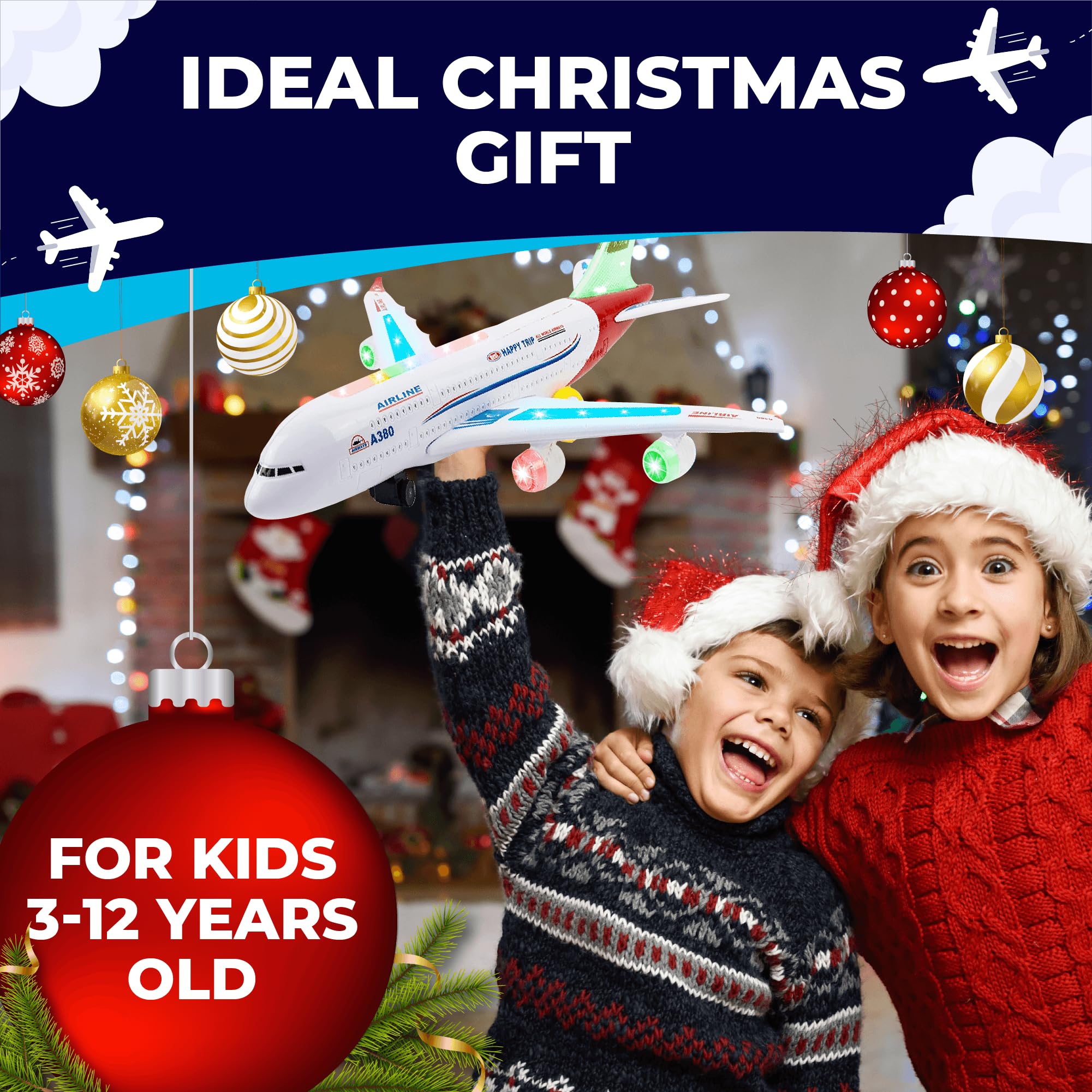 Toysery Airbus A380 Toy Airplane for Kids, Large Bump and Go Airplane Toy with LED Lights, Real Sounds & Propeller, Battery Powered Electric Plane Toy for Toddlers Boys & Girls Ages 3-12
