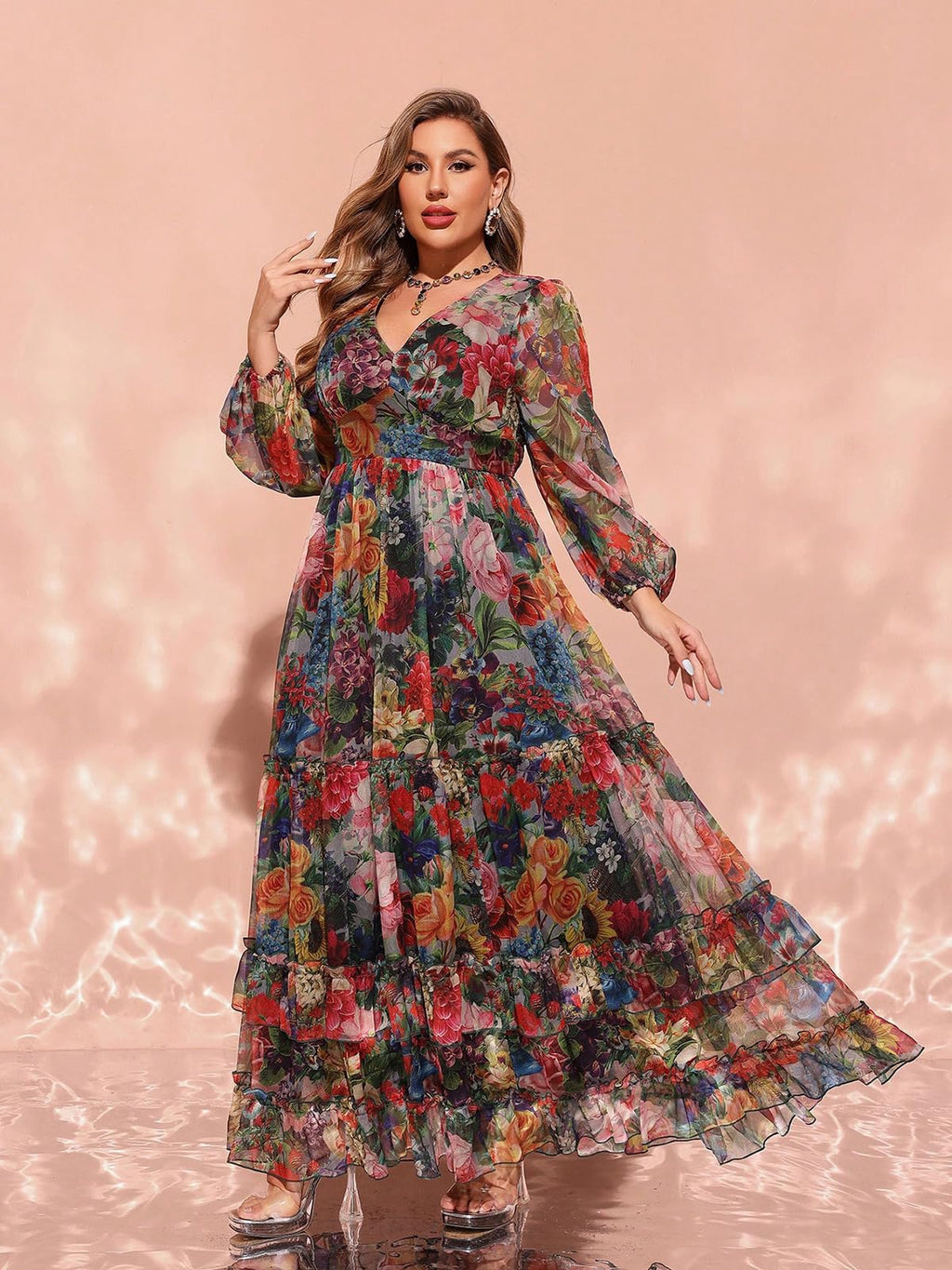 Spring Summer 2024 Plus Size Womens Dresses V Neck Casual Elegant Long Sleeve Floral Print Maxi Dress