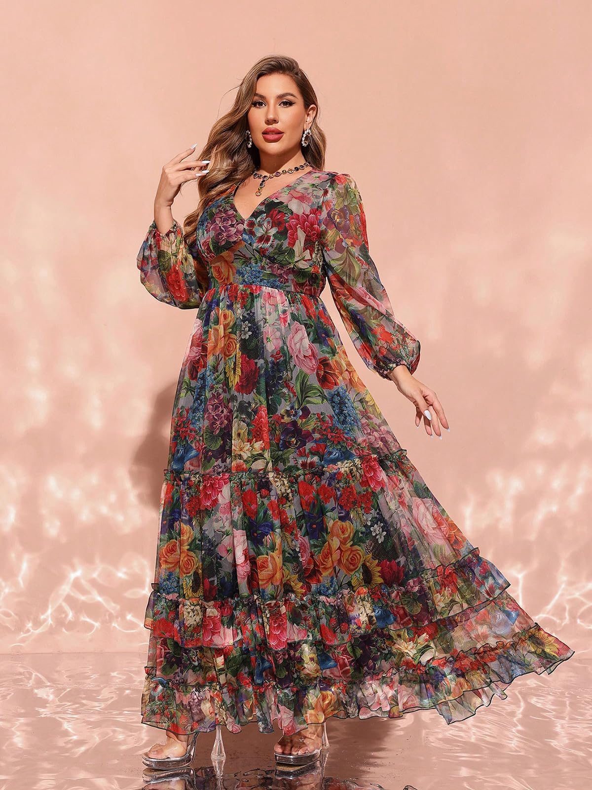 Spring Summer 2024 Plus Size Womens Dresses V Neck Casual Elegant Long Sleeve Floral Print Maxi Dress