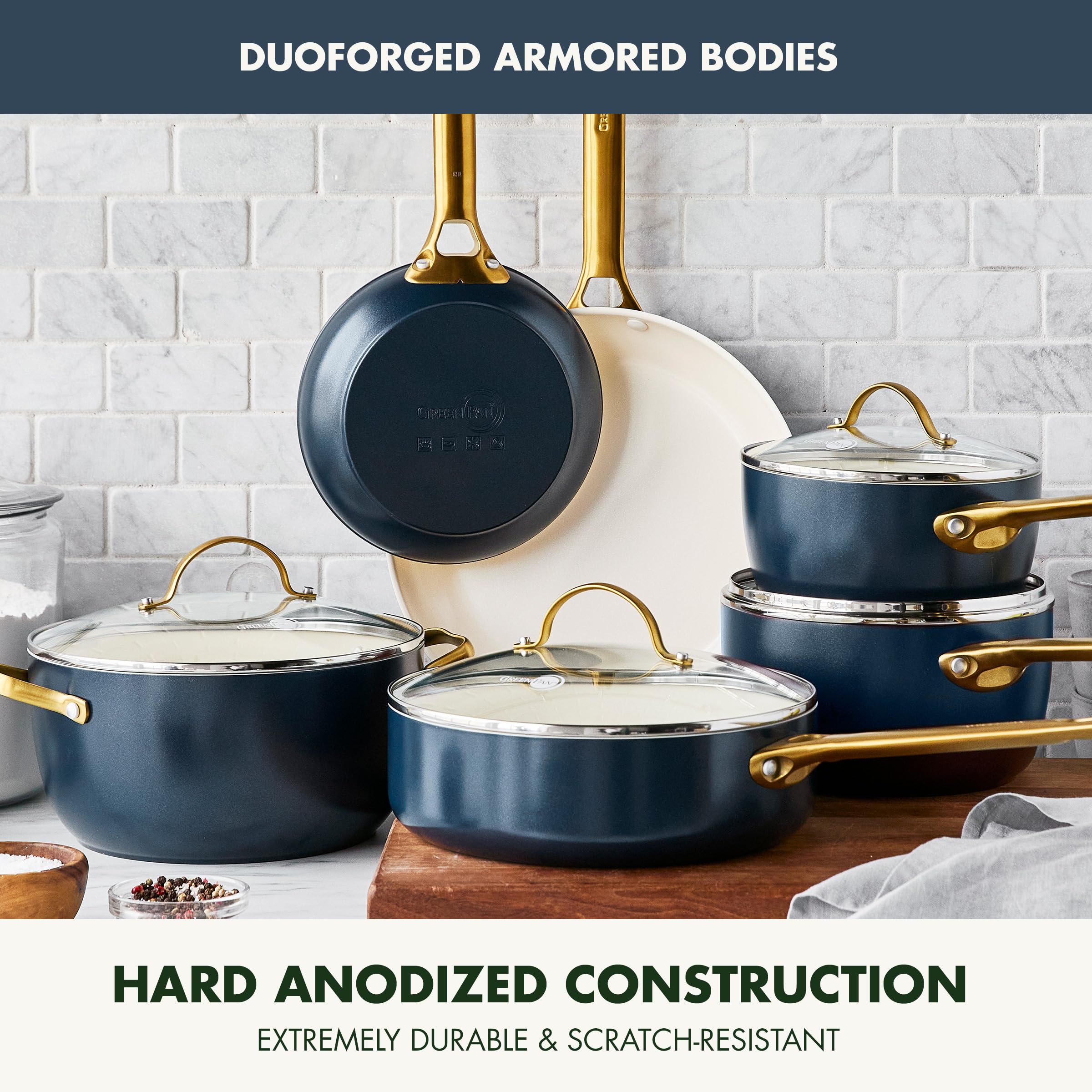 GreenPan Hard Anodized Healthy Ceramic Nonstick 5 Piece Cookware Pots and Pans Set, Gold Handle, PFAS-Free, Dishwasher Safe, Oven Safe, Black