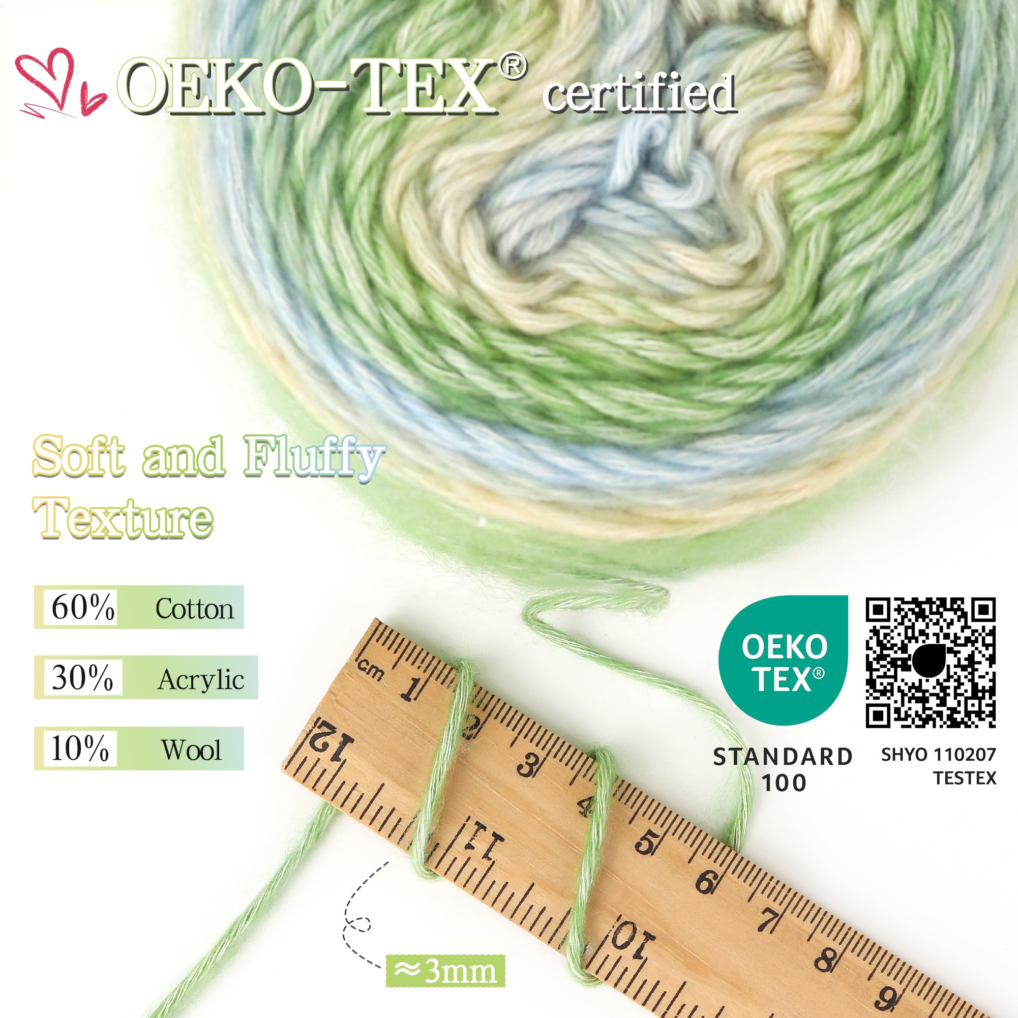 Katech Fairyland Yarn for Crocheting Knitting-Gradient Yarn Cake-4 Pack of 100g/3.52 oz-Soft DK Light Weight #3-60% Cotton 30% Acrylic 10% Wool-Perfect for Scarves, Shawls, Blankets and Garments(A)