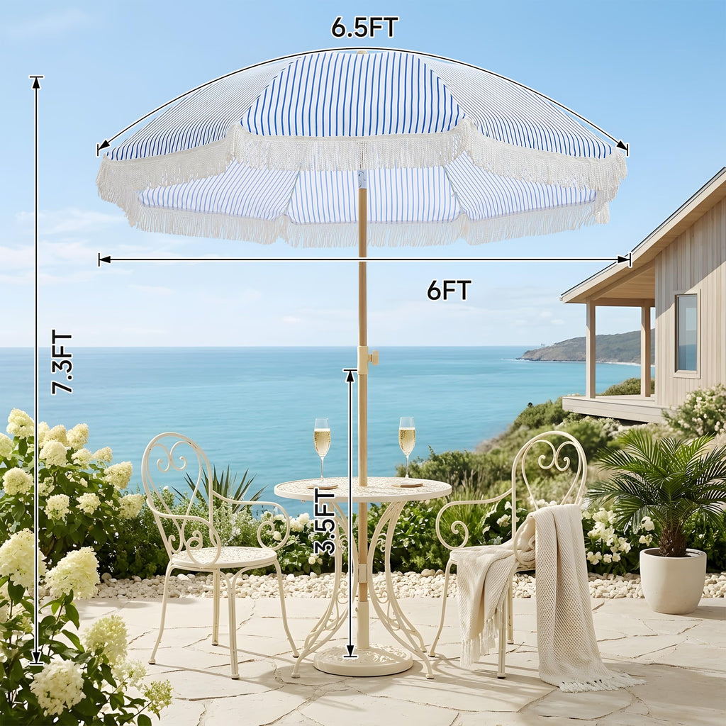 6.5FT Boho Patio Umberlla with Fringe,UPF50+ Outdoor Umbrella with Fiberglass Ribs and Push Button Tilt,Tassels Umbrella for Beach,Terrace,Picnic