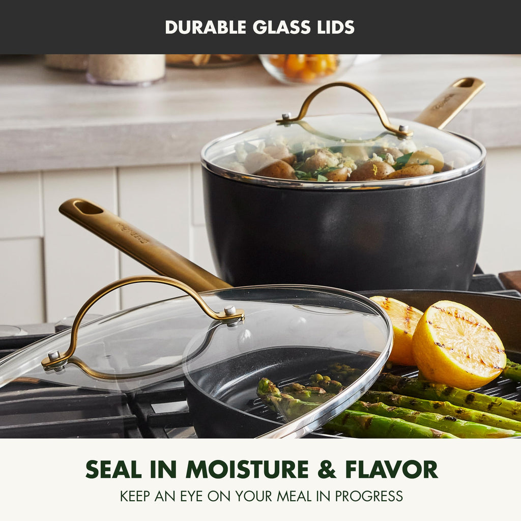 GreenPan Hard Anodized Healthy Ceramic Nonstick 5 Piece Cookware Pots and Pans Set, Gold Handle, PFAS-Free, Dishwasher Safe, Oven Safe, Black