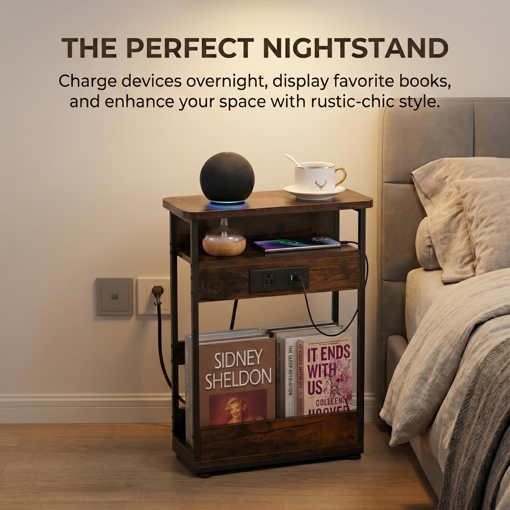 YEAKOO Narrow Side Table with Charging Station, 3-Tier End Table with 2 USB Ports & Power Outlets,Thin Sofa Side Table for Narrow and Small Spaces, Bedside Table Nightstand for Living Room,Black