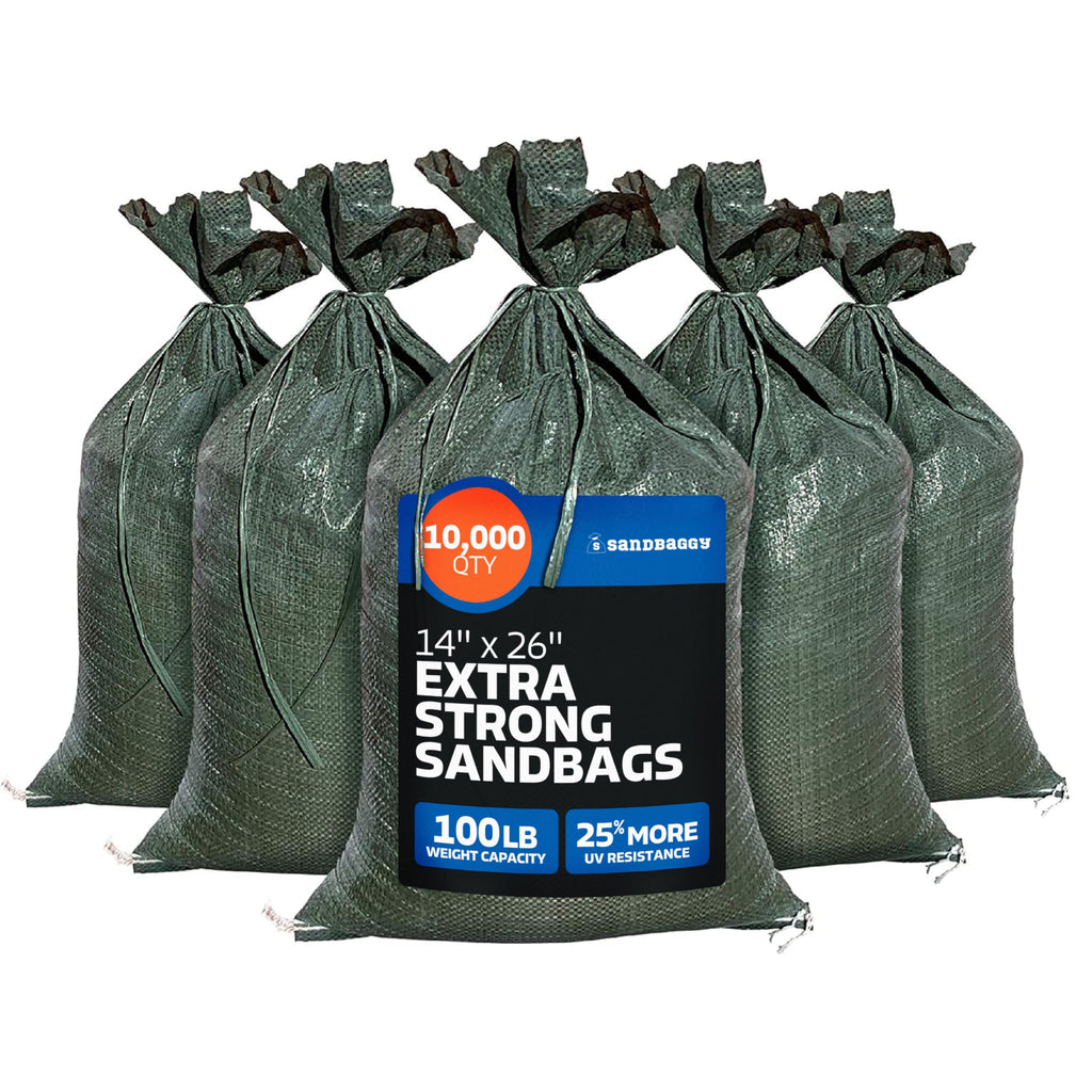 Sandbaggy - Heavy Duty Empty Sandbags For Flooding (14" X 26") - Poly Sand Bags For Flood Barrier, Weight, Construction, Earth Bag Homes - Reusable, UV Resistant - Tie Strings Attached (10 Bags)