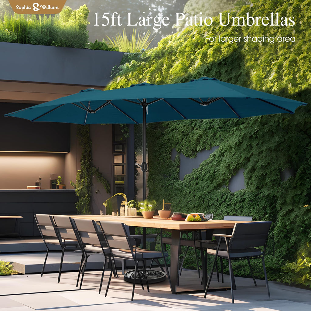 Sophia & William 15 ft Extra Large Patio Umbrella with Base Included, Rectangular Outdoor Umbrella Heavy Duty, Market Umbrella Double-sided Fade Resistant for Pool Garden Backyard, Beige