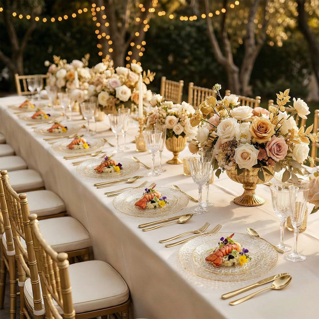 Rubtlamp 100Pcs Amber Gold Plastic Plates, Disposable Plates With Gold Rim, Heavy-duty Party Platos, Hammered Plastic Plates Include 50 Clear Dessert Plates, 50 Dinner Plates for Party
